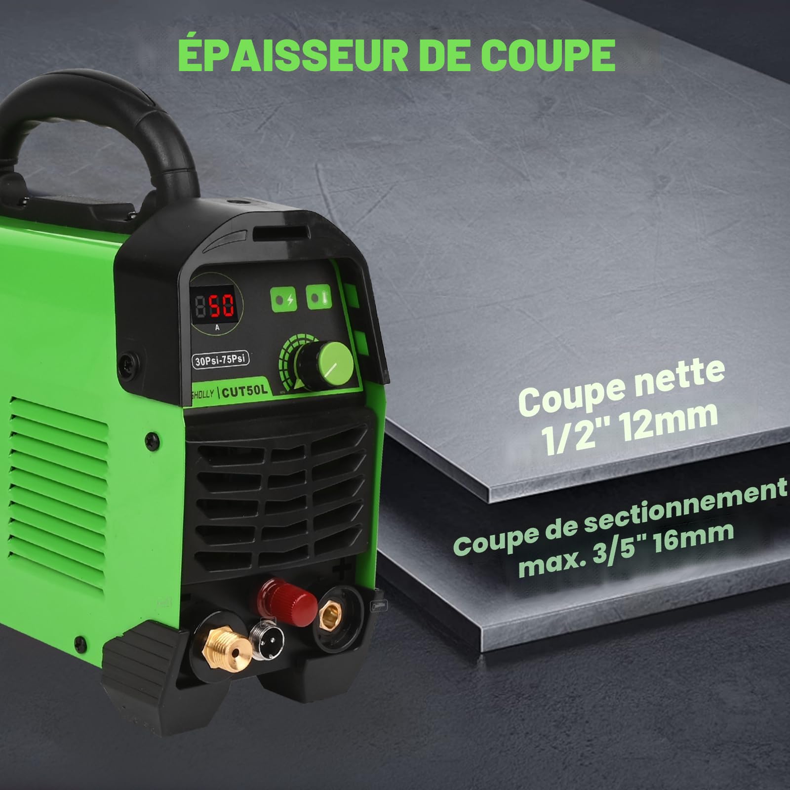 Decoupeur Plasma 220V, à pilot arc non tactile et 50A, max cut 16 mm, clear cut 12 mm, avec écran numérique, Découpeur Plasma CUT50L Mis à Niveau