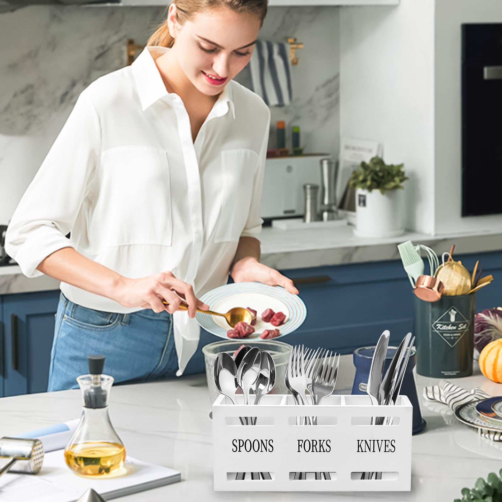 GAESHOW Portautensili da Cucina in Legno a 3 Scomparti, Porta Utensili Da Cucina, Organizer per Utensili, Portautensili per Cucchiaio Forchetta Bacchette, 25,5 X 8,7 X 11 cm (Bianco)