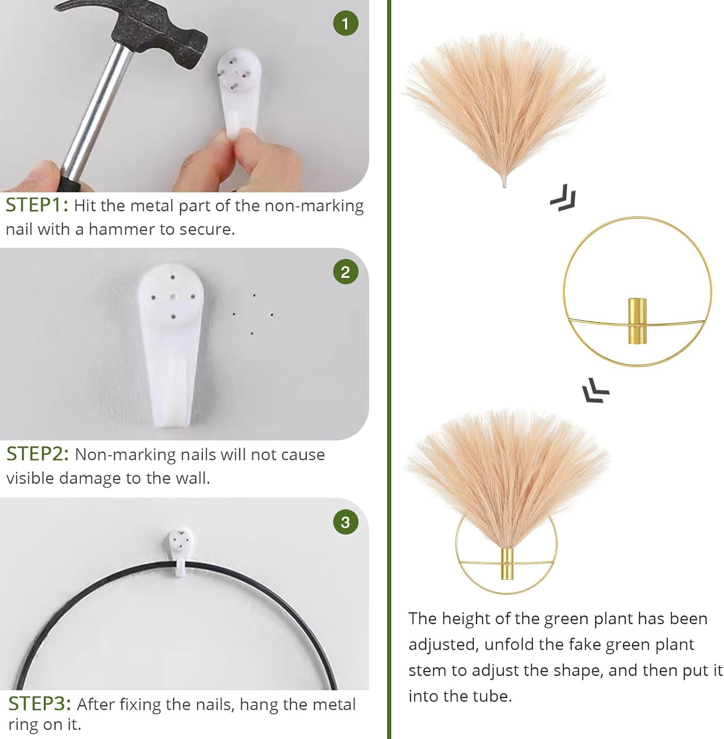 Pretty Jolly Boho Wall Decor - Hanging Artificial Pampas Display, Metal Wall Art for Living Room, Bedroom, Bathroom, Dining Room - Plant Decor 2 Pack, Ice Pink, Dark Pink, Gold