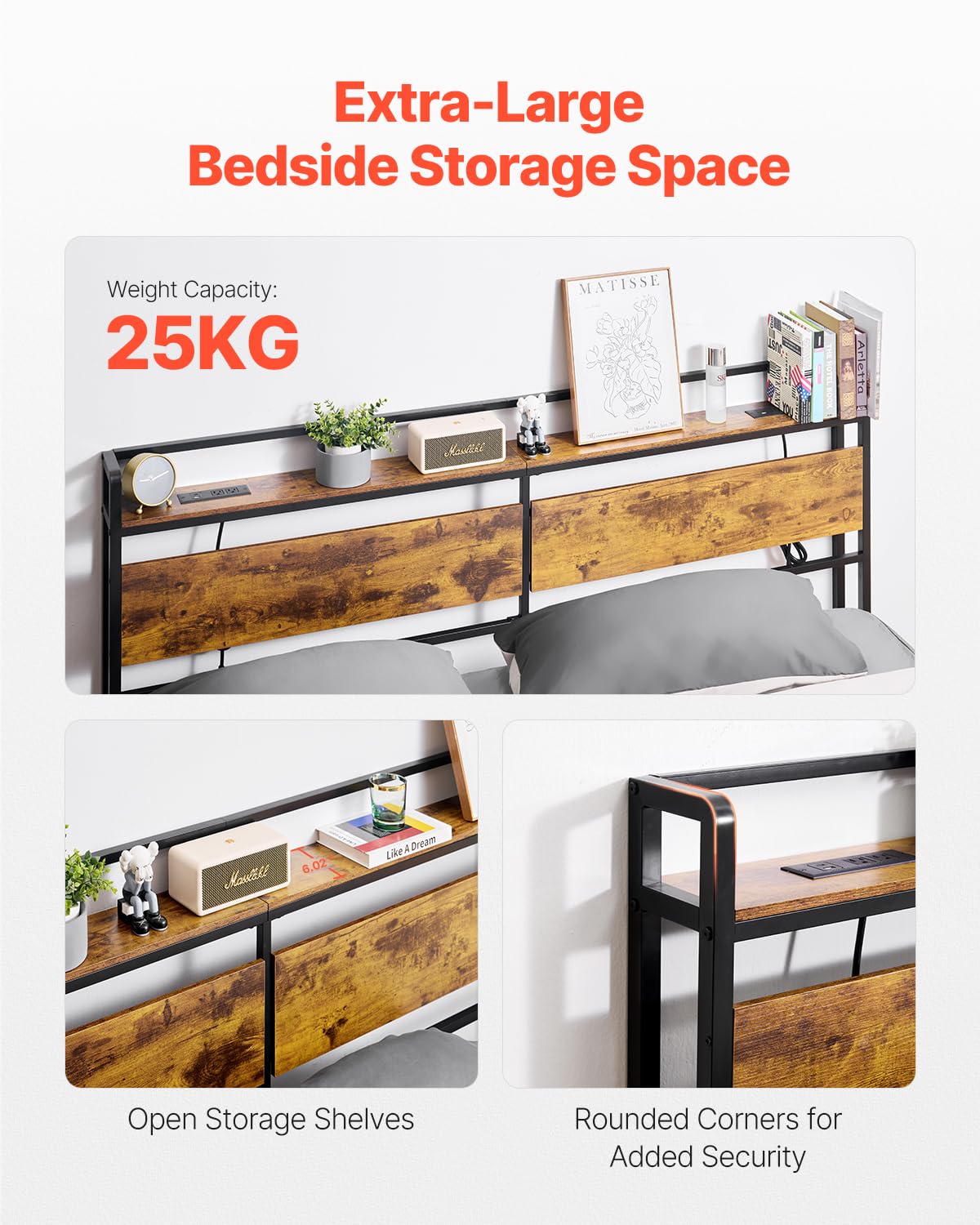 VEVOR Testiera per Letto King Size, Altezza Regolabile con Ripiano Portaoggetti, Testiera Indipendente da Letto King Size con Prese Porta USB per Diverse Strutture Letto, Nero e Marrone