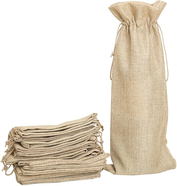 Shintop 10pcs Jute Wine Bags, 14 x 6 1/4 inches Hessian Wine Bottle Gift Bags with Drawstring (Brown)