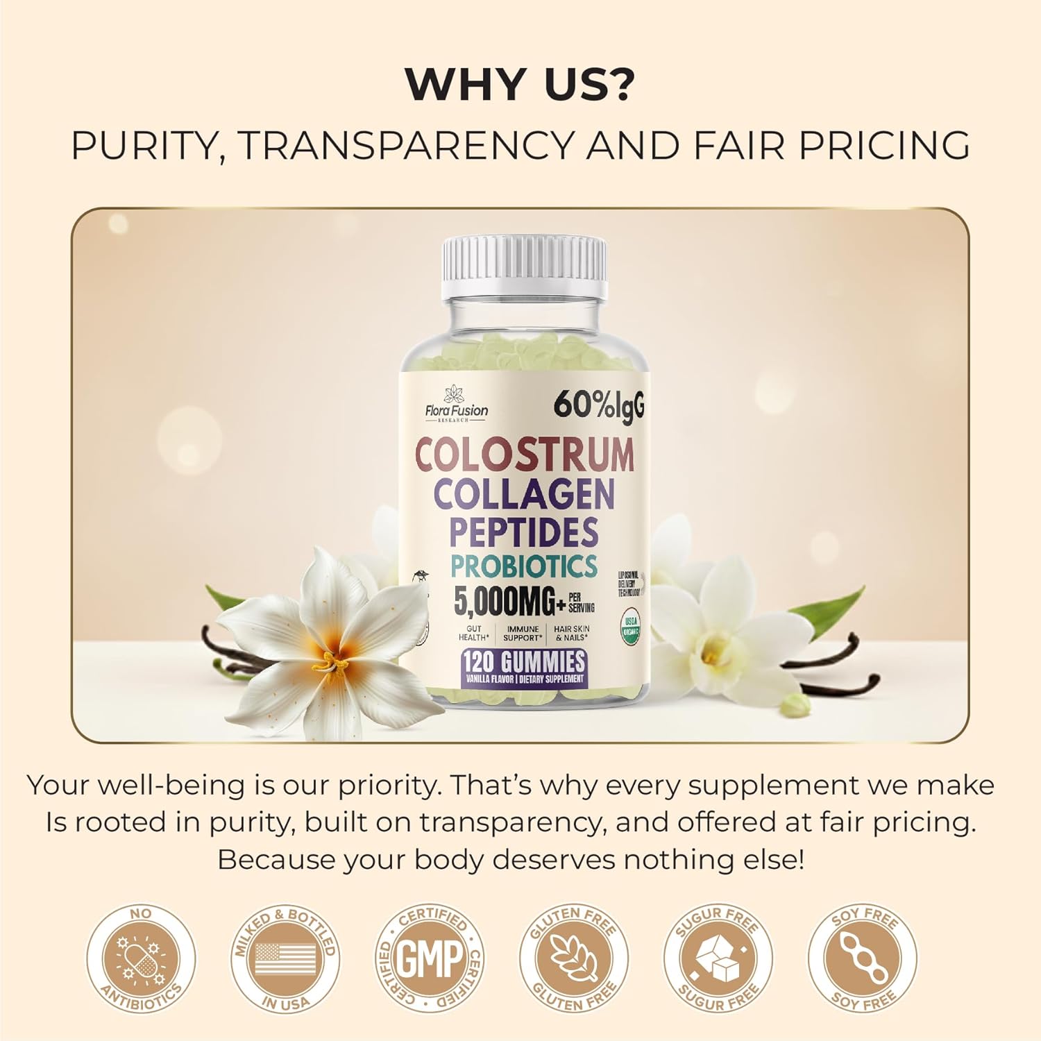 Colostrum Gummies I Collagen Peptides I Probiotics 5000+ mg w/ 60% IgG I Immunity Support & Gut Health - Liposmal Technology - U.S. Sourced Superfood - Grass-Fed Bovine - 120 gummies (Vanilla Flavor) - Image 8