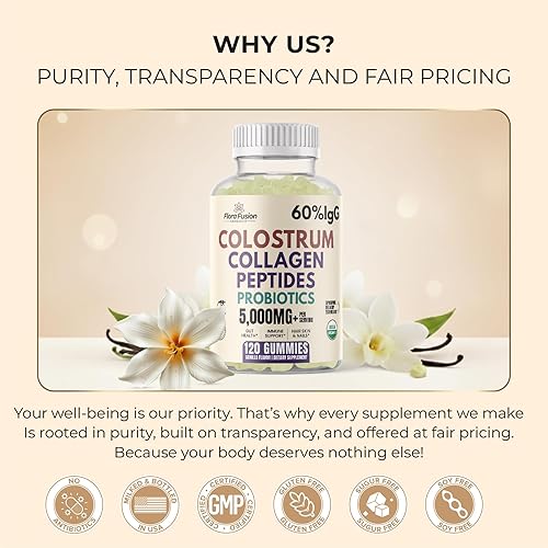 Miniatura 8 de Gomitas de calostro bovino sin azúcar (3,000 mg) Péptidos de colágeno (2,500 mg) y probióticos - 60% IgG, calostro de primer ordeño, apoyo para la