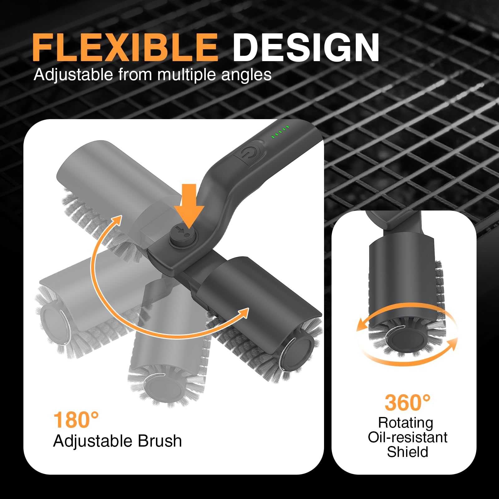 Spazzola elettrica per barbecue, pulitore senza fili per BBQ con testa orientabile a 180°, pulizia a 3 livelli, spazzola per griglia 2-IN-1 con batteria, IPX7 impermeabile, testina in acciaio