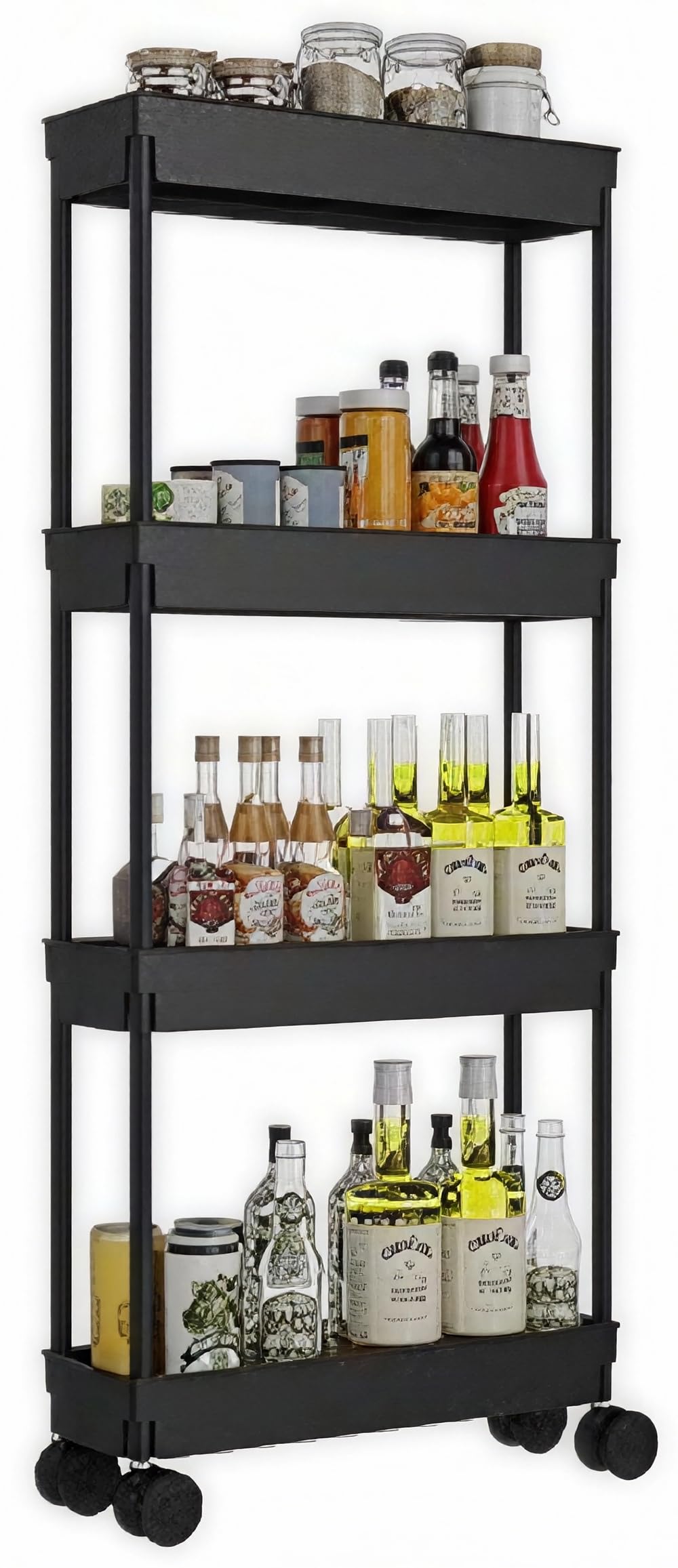 Étagère mobile pour cuisine et rangement compact noir à 4 niveaux sur roulettes
