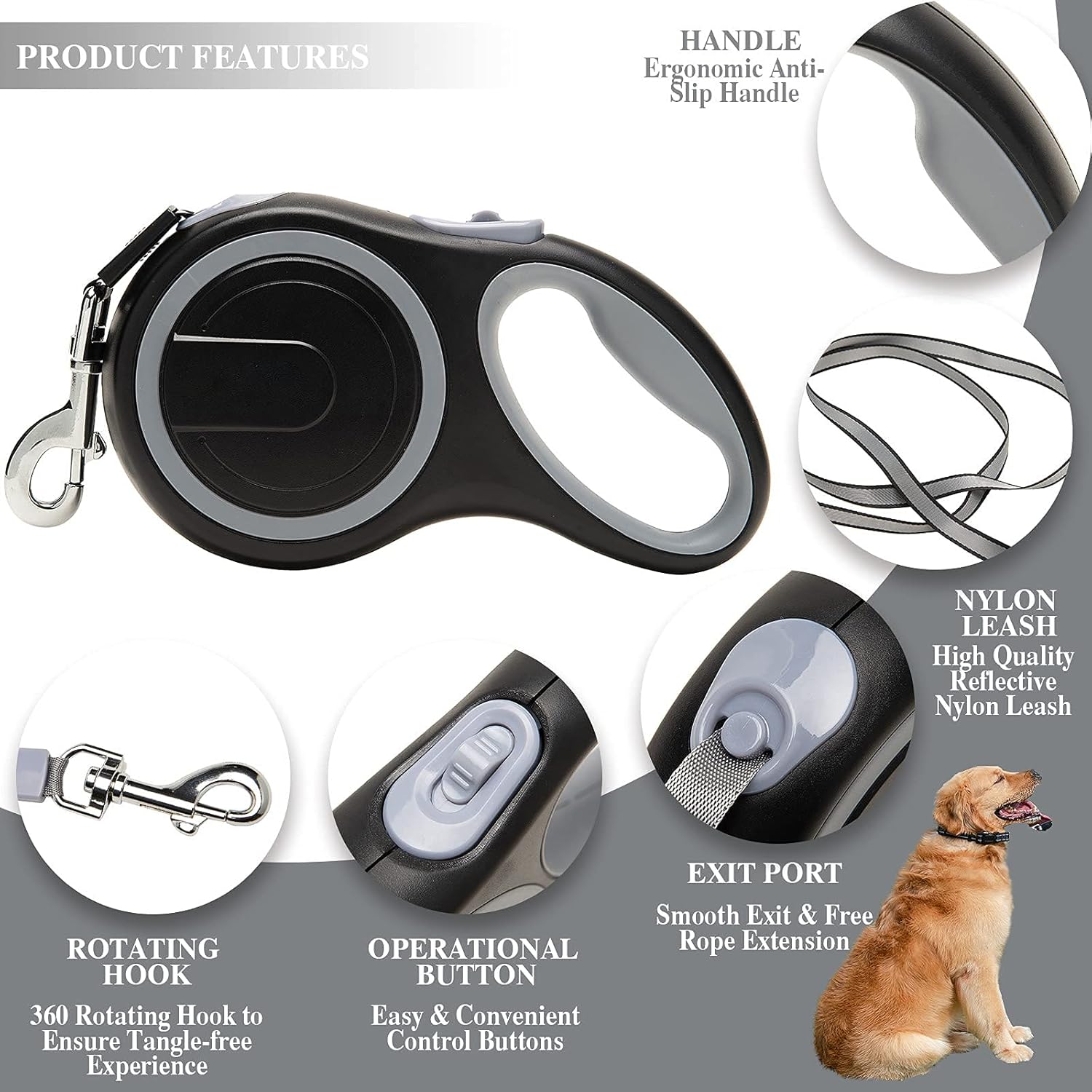 Aandyou Extendable Dog Lead, Tangle-Free Retractable Dog Leash 8m Long, Anti-Slip Handle, Suitable for Small to Large Dogs Grey - Image 3