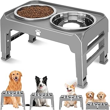 Elevated Raised Dog Bowl Stand with 2 Stainless Steel Bowls, Adjustable Height for Medium Large Dogs, 12.36" - 3.7" Foldable