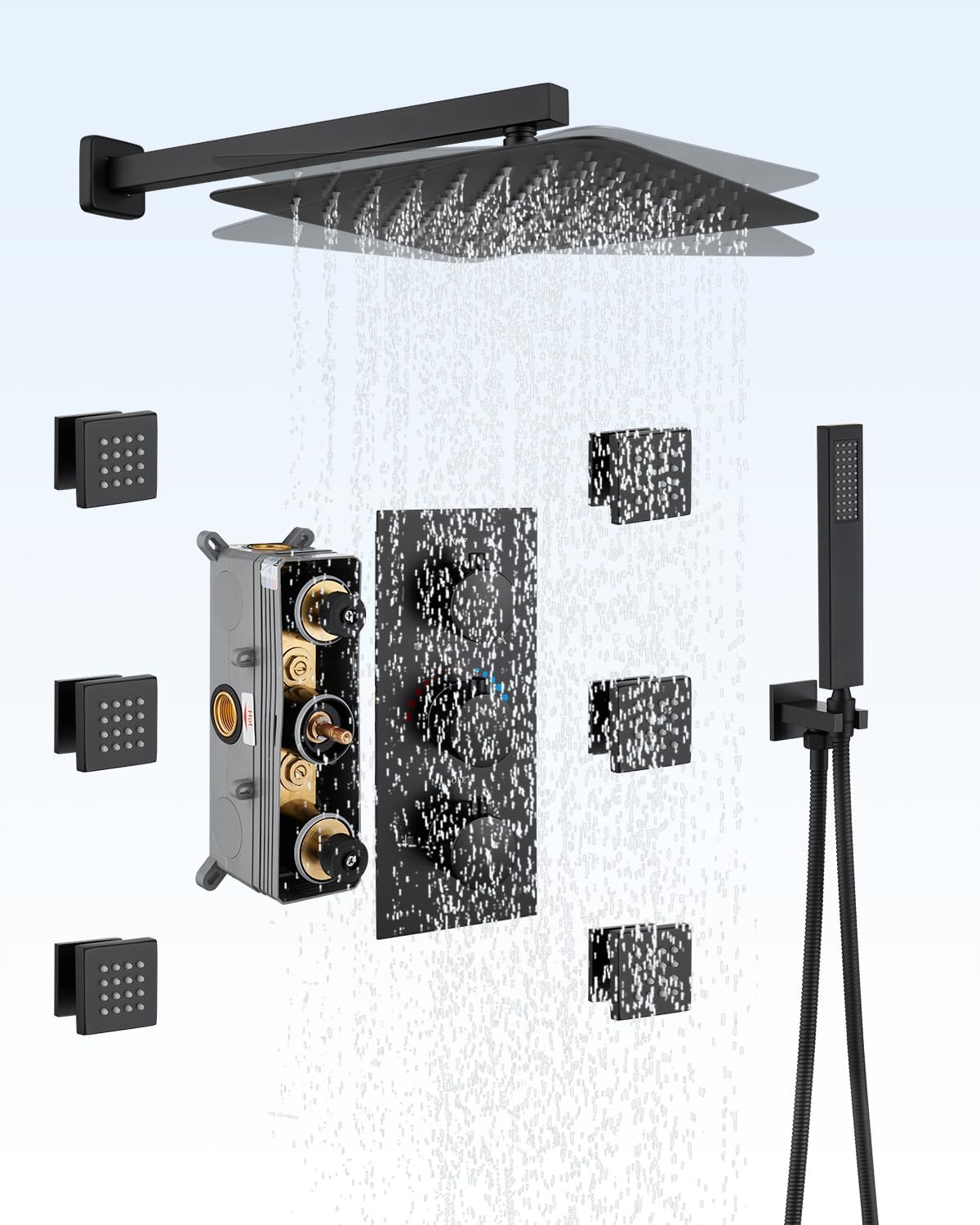 MONDAWE12" Thermostatic Full Body Shower Jets System in Wall, Rainfall Luxury Shower System with 6 Sprayer Jets, Wall Mount Rain Shower Faucet Set Complete with Rough-in Valve &Trim Kit, Matte Black