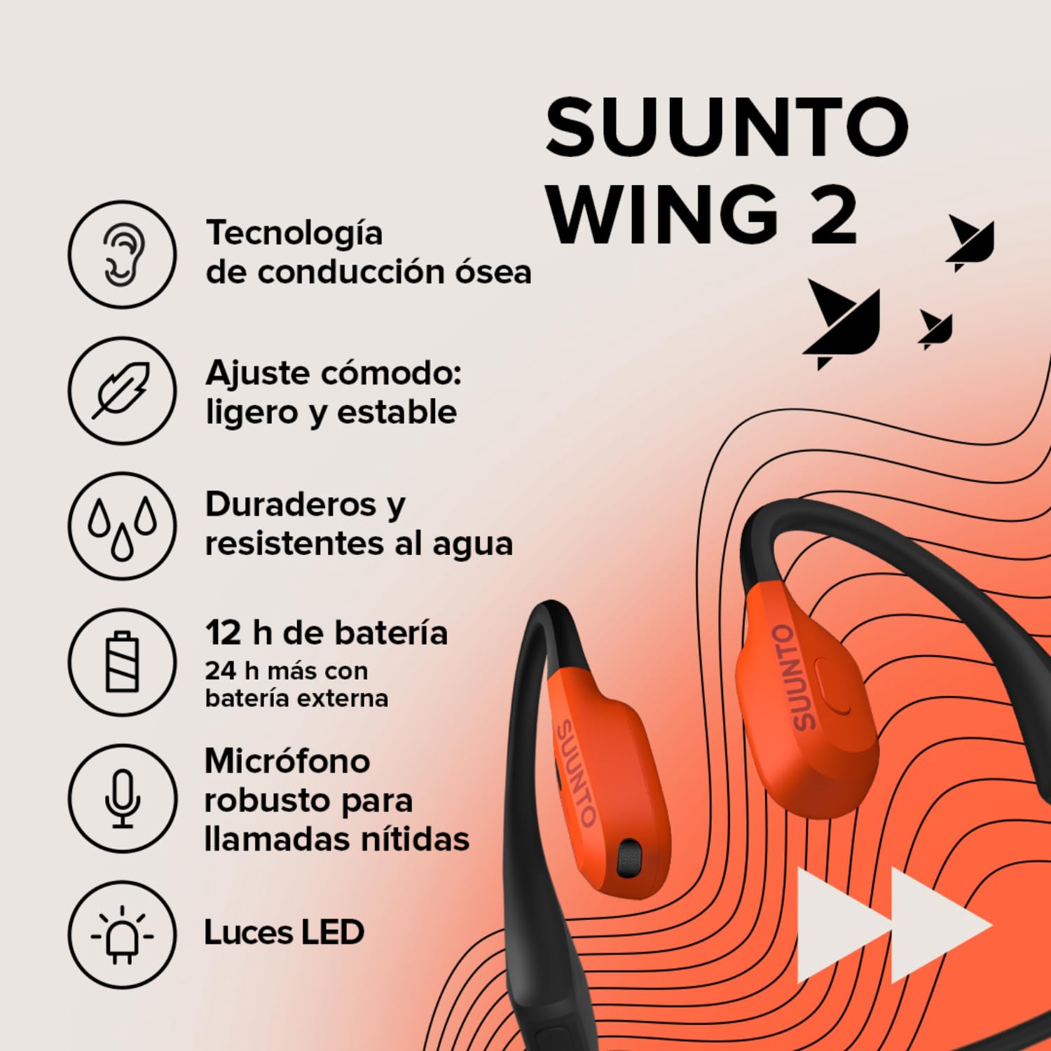 Suunto Wing 2 Open-Ear Auriculares Abiertos Bluetooth Conducción Ósea, IP66 (Antisudor), Luces Seguridad, Retroalimentación por Voz, 12H Autonomía + 24H Powerbank