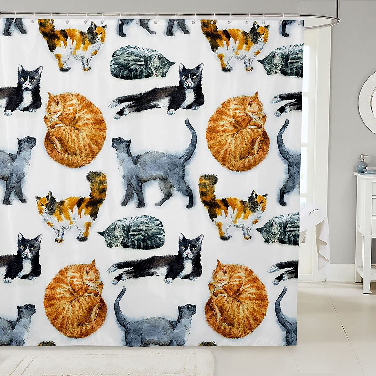Kids Cat Shower Curtain Watercolor Cats Bath Curtain for Stalls Children Women Bathtubs Lovely Pet Kitten Bathroom Colorful Cats Cloth Fabric Curtains 59x71 Inch