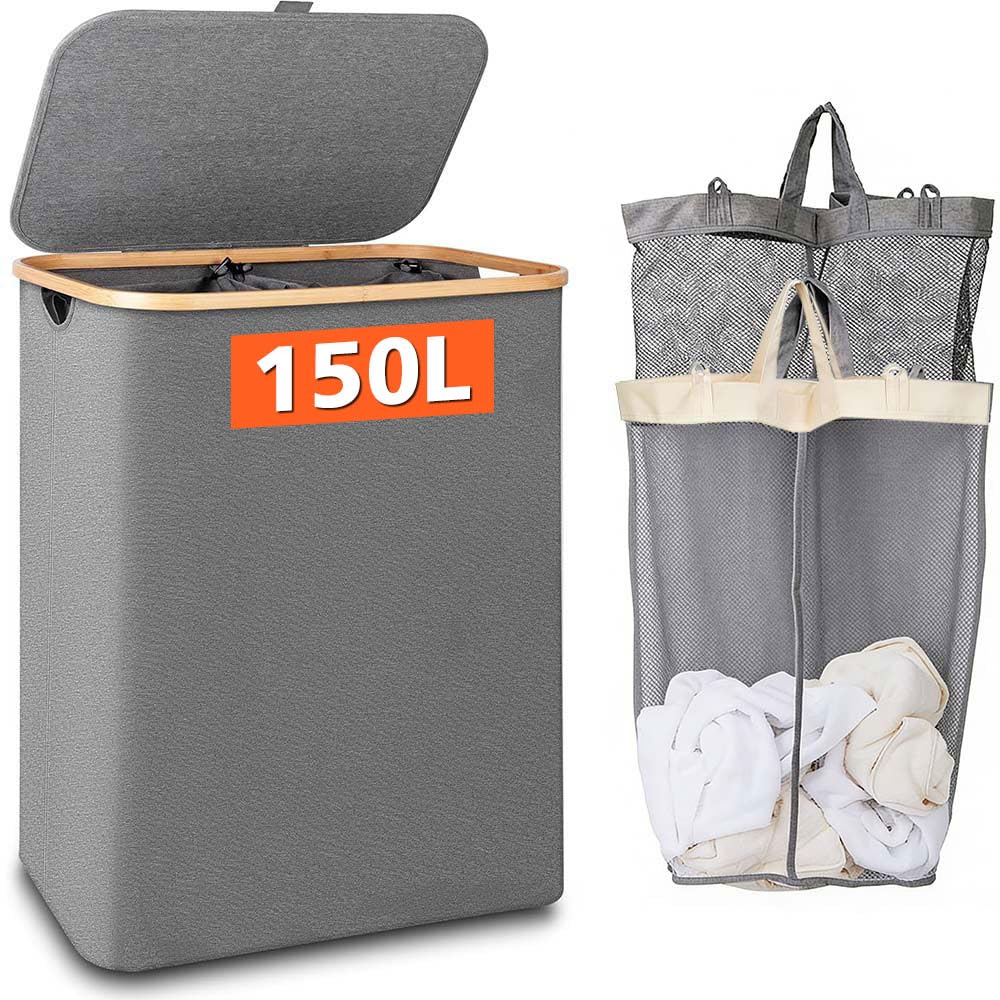 Ccarzzi Laundry Basket with Lid, Large 150L Foldable Washing Basket for Laundry with 2 Removable Inner Bags, Bamboo Handle, for Bedroom, Bathroom, Dorm(Grey)