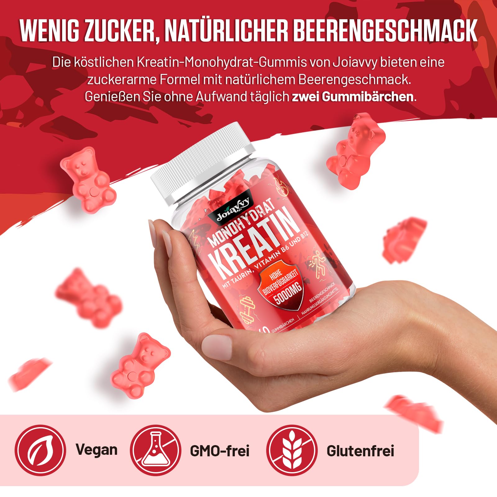 Joiavvy Creatin Monohydrat 5000mg Pro Portion, Gummibärchen für Männer und Frauen, mit Taurin, Vitamin B6 und B12, Vegan, Beerengeschmack (60 Stück (1er Pack))