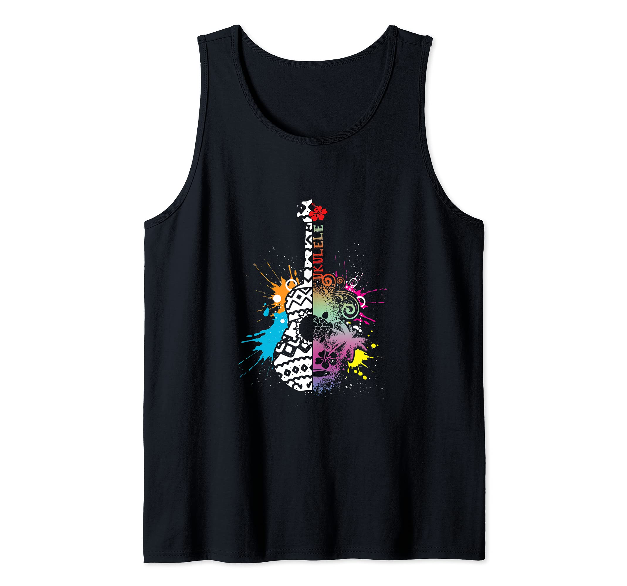 Colorful Hawaiian Musician Uke Guitar Acoustic Hawaii Aloha Tank Top, Black