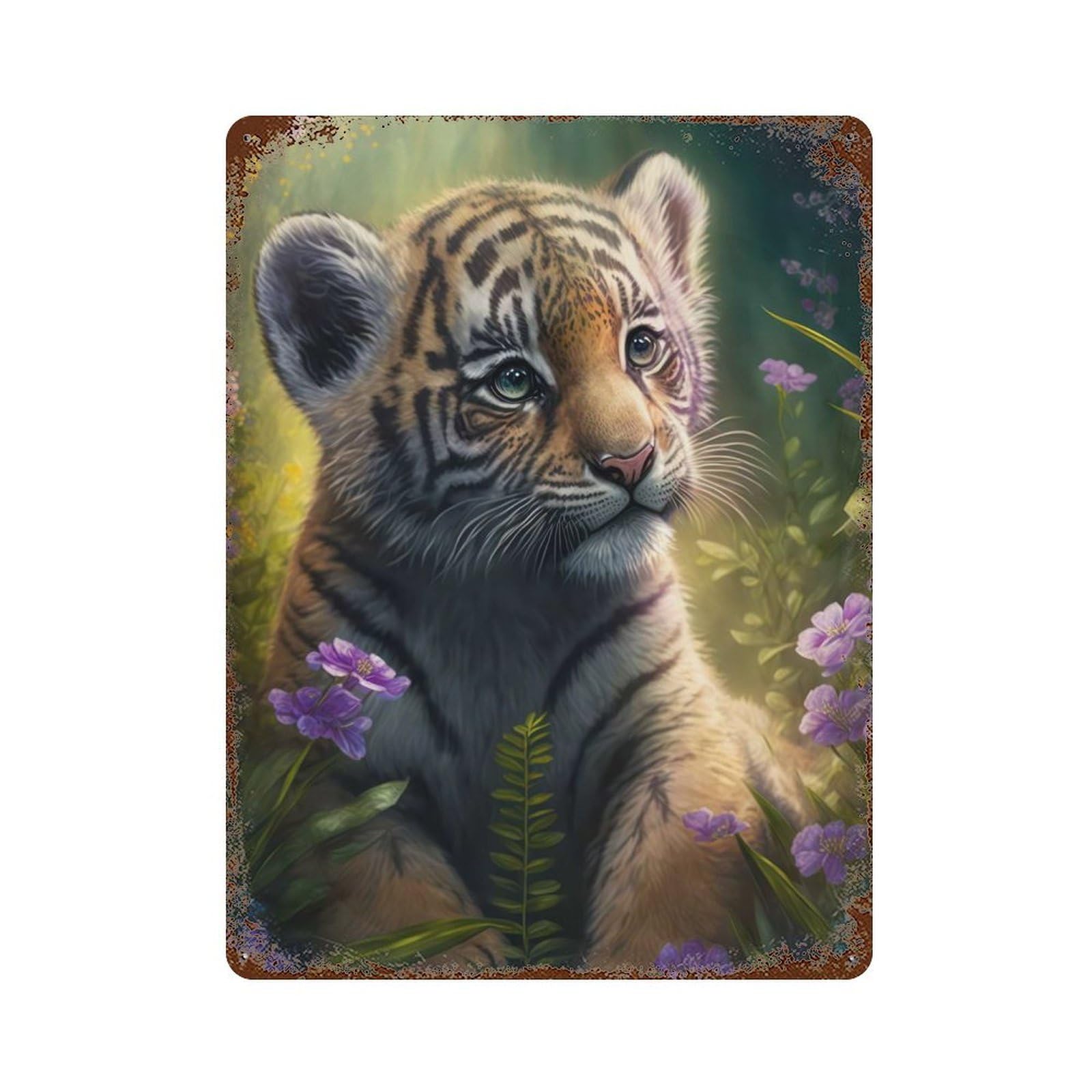 Rust Effect Cute Baby Tiger Rusty Metal Tin Sign 15.7"x11.8", Industrial Home Decor for Living Room, Hallway And Home Decor