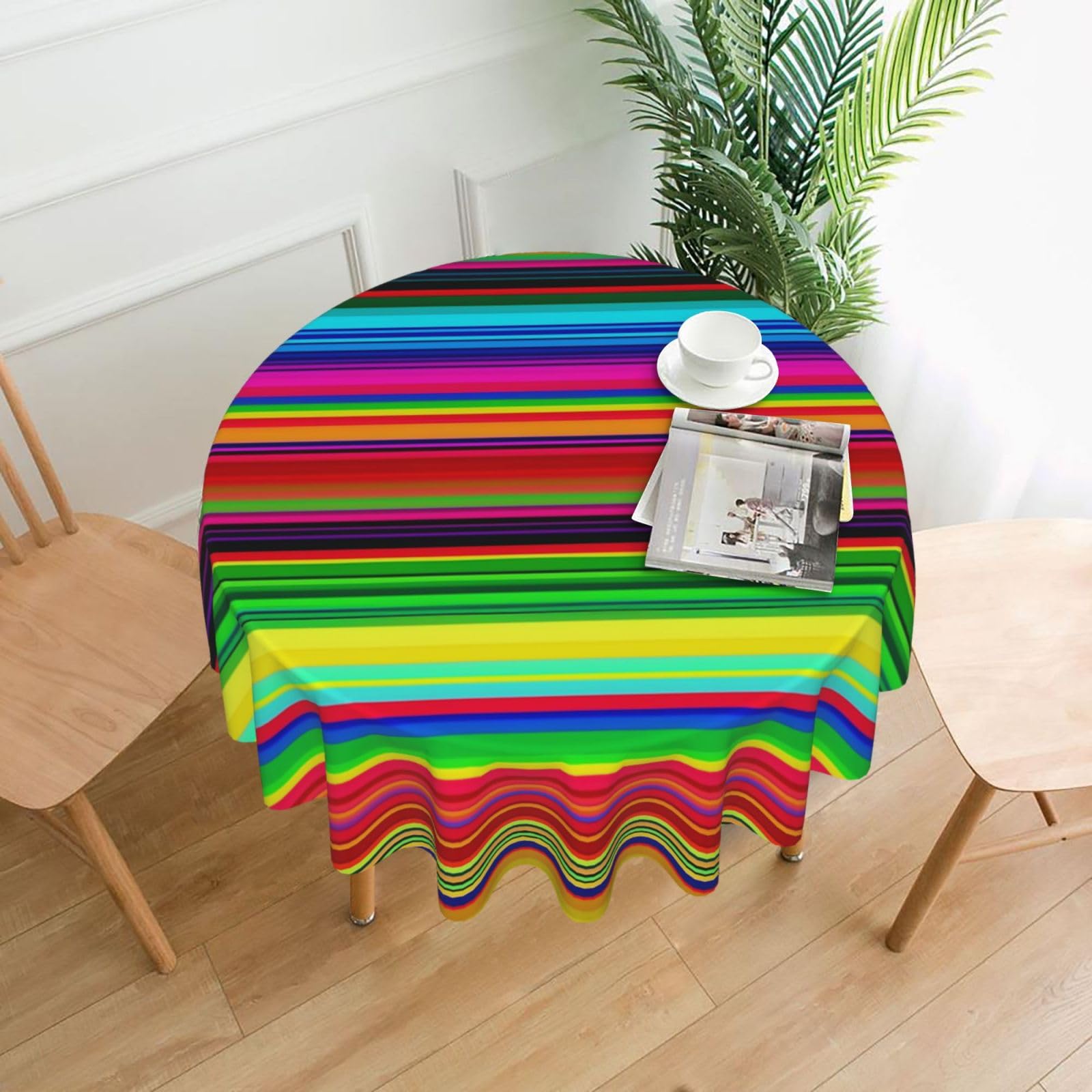 Fodpand Black Colorful Mexican Stripes Tablecloths For Round Tables 60 Inches - Reusable And Washable Kitchen Table Clothes Decorative Table Cover For Dining Tables, Buffet Parties, Wrinkle Resistant