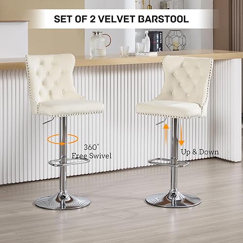 Miniatura 65 de Juego de 4 taburetes de bar giratorios ajustables de terciopelo con respaldo copetudo, ribete de cabezas de clavos y anillo de tracción, sillas de