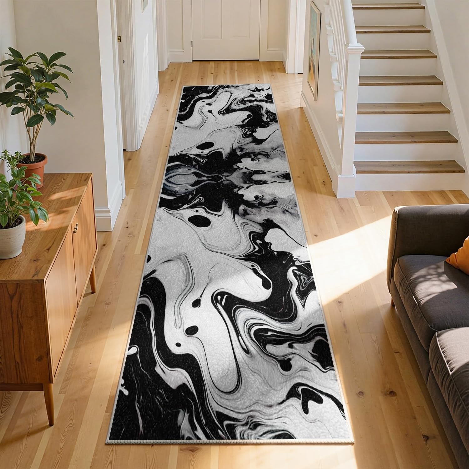 RICAUOU Marble Hallway Runner Rug, 120x170cm Abstract Swirling Black and Gray Non-Slip Washable Carpet, Luxury Rugs for Entrance, Kitchen, Living Room, Entryway, Bathroom, Laundry Room, Office Décor