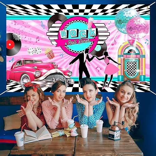 Miniatura 5 de Mocsicka Pancarta de fiesta de los años 50, fondo retro de cabina de fotos con temática de rock and roll, para decoraciones de cumpleaños de los