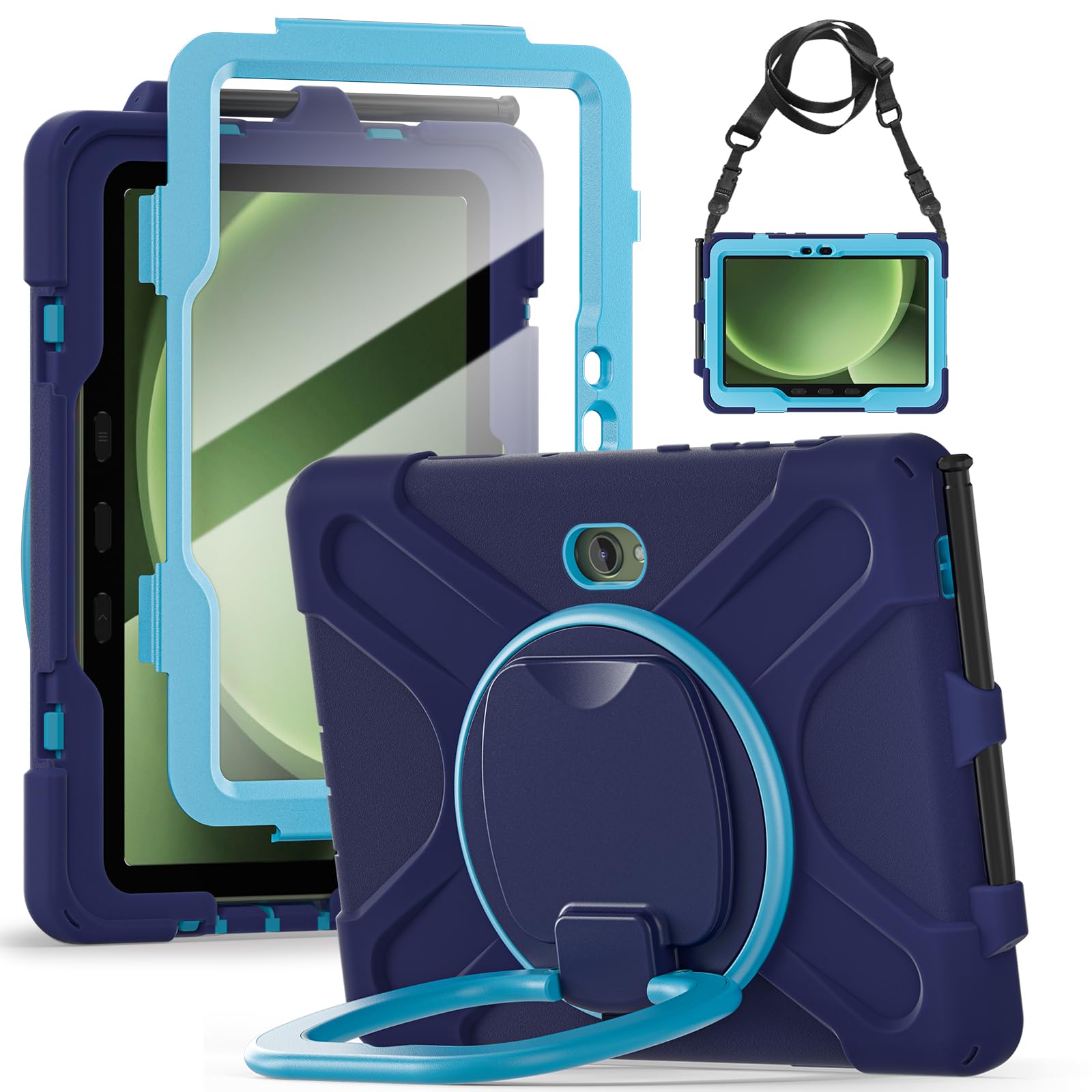 Case for Samsung Galaxy Tab Active5 Pro 2025 10.1 inch,Shockproof Military Grade Case With Screen Protector PC Silicon Bracelet Holder Pen Bag Shoulder Strap Navy blue