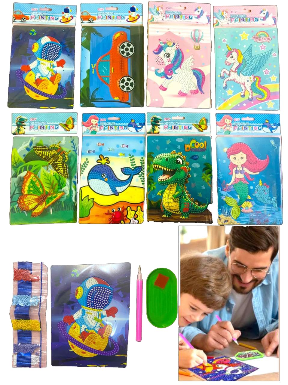 Asera Assorted DIY Diamond Art Kit | Set of 16 | Dimensions 18 x 13.5 cm | Gem Painting Craft Kit for Children - Ideal Birthday Return Gifts for Kids of All Ages