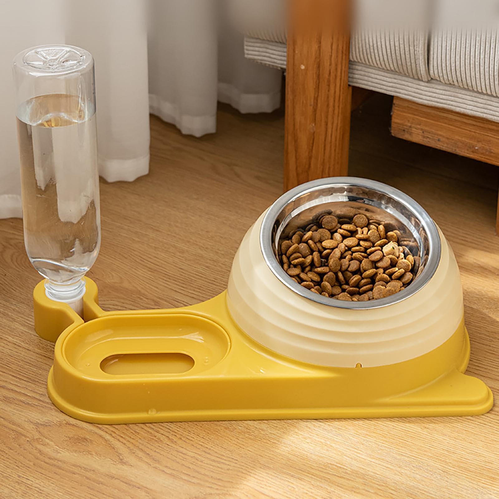 Mangiatoia per animali domestici, Ciotola for gatti con distributore d'acqua - for bottiglia | Set di ciotole for acqua e cibo for animali domestici inclinate stabili(Yellow)