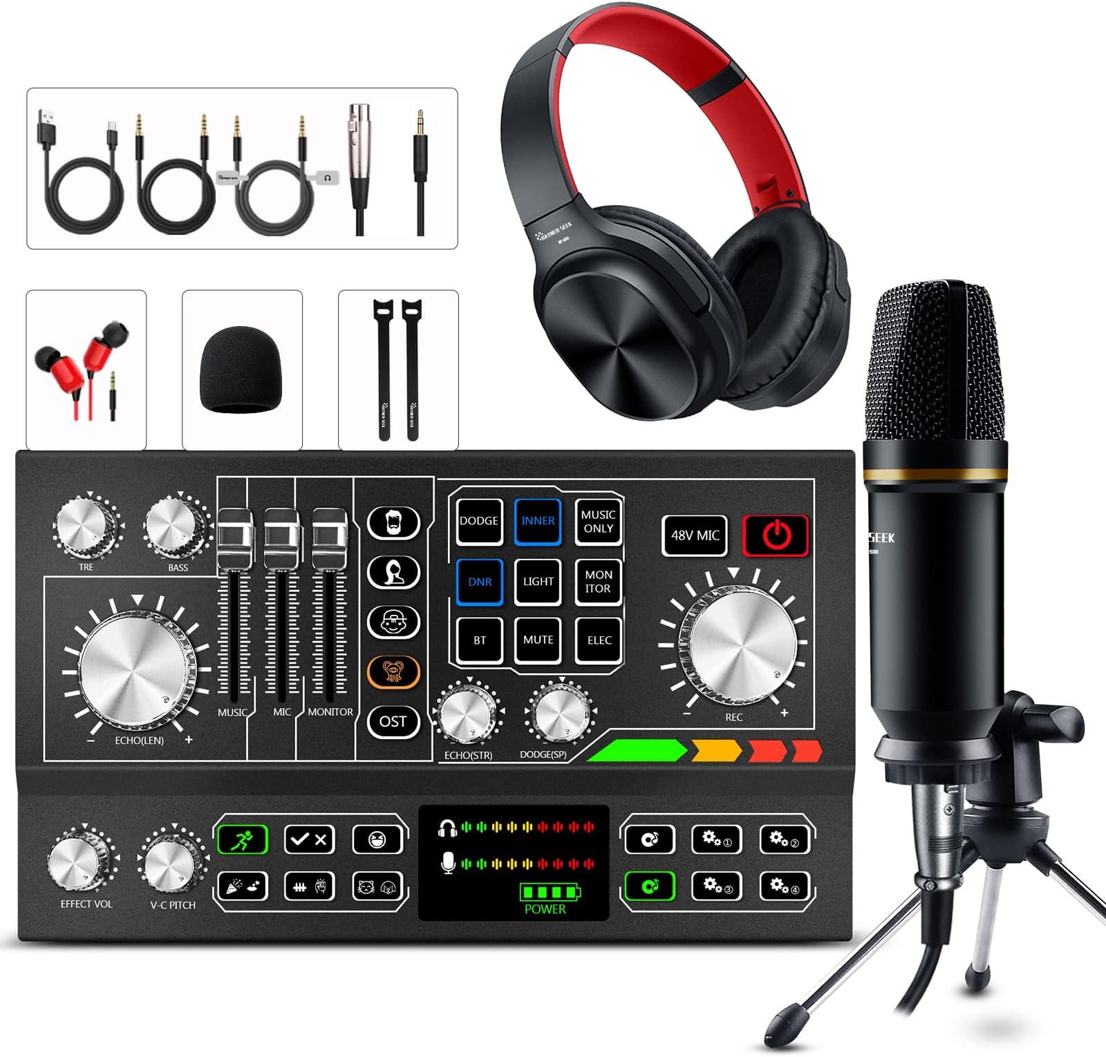 Podcast Equipment Bundle Aluminum Alloy Panel with Studio Condenser Microphone Sound DJ Mixer Broadcast Audio Interface DIY Sound Effect For PC Laptop Phone,Streaming Recording, Black