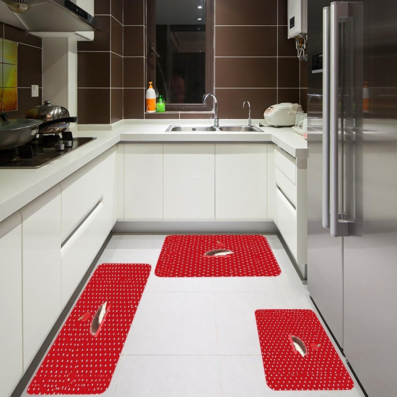 Red Polka Dot Hedgehog Kitchen Mat Set of 3 Waterproof Floor Mats Non-Slip Kitchen Rugs Premium Flannel Rug Heavy Duty Standing Mat for Kitchen Home Bathroom Laundry