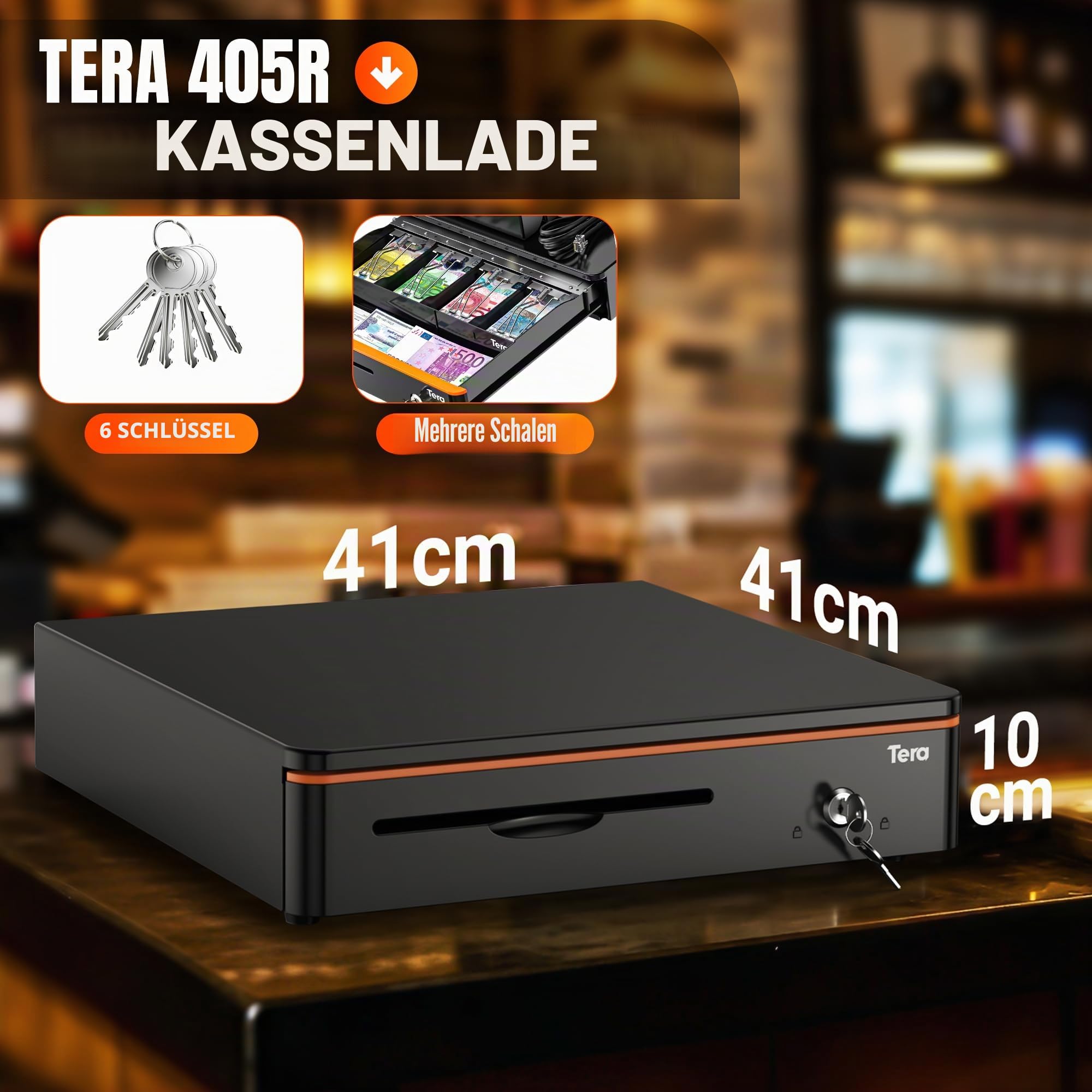 Tera Geldkassette Kassenlade Abschließbar 40,5x40x10,2 cm 4 Scheinfächer 8 Münzfächer RJ12 Mikroschalter Modell 405R