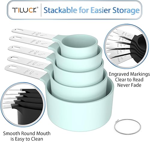 Miniatura 4 de TILUCK Juego de tazas y cucharas medidoras, tazas y cucharas apilables, tazas medidoras anidables con mango de acero inoxidable, utensilios de