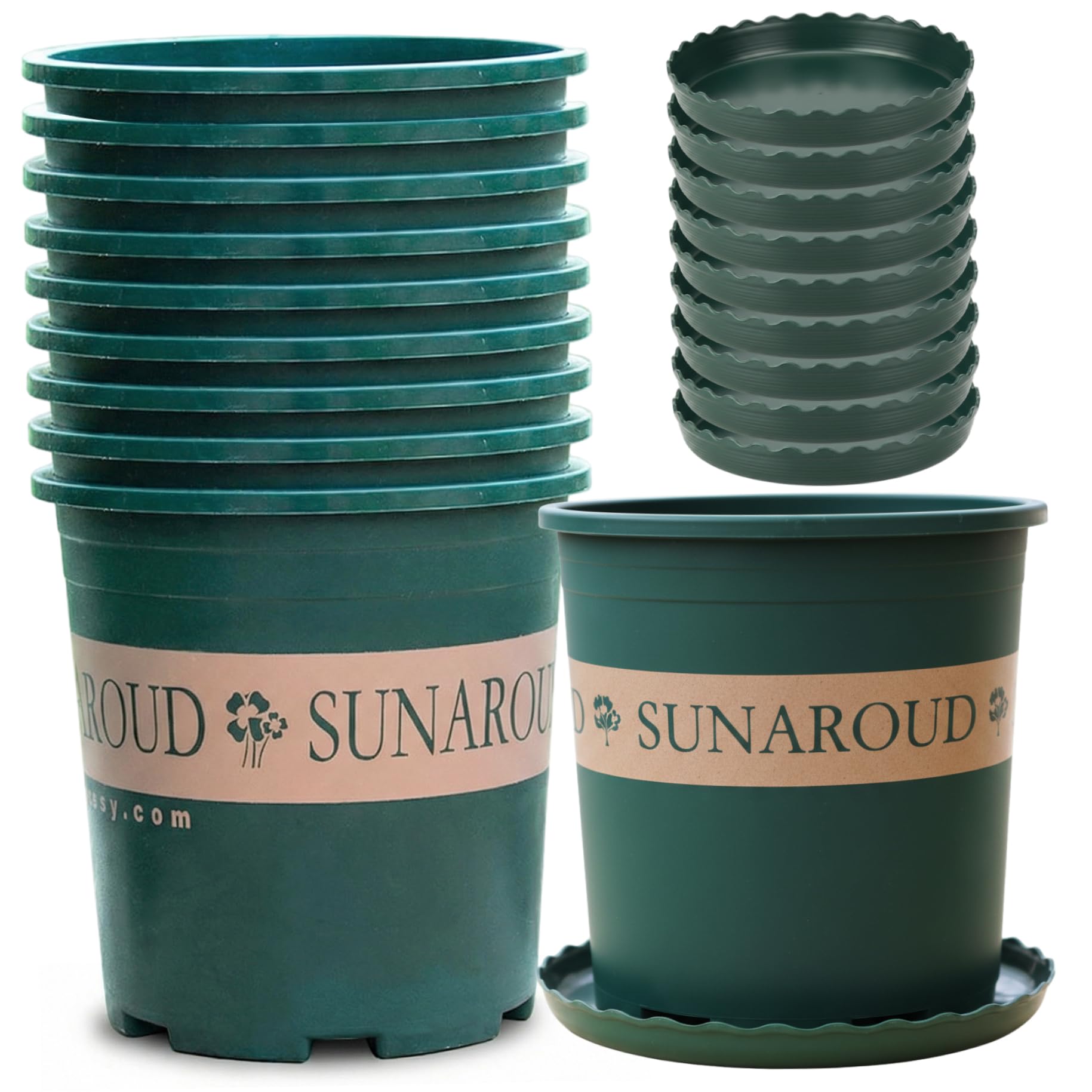 Grands Pots de pépinière, Paquet de 10 Pots Plantes en Plastique épais 2 gallons avec Trous Drainage et soucoupes, conteneurs Jardin Verts intérieurs et extérieurs pour Plantes..