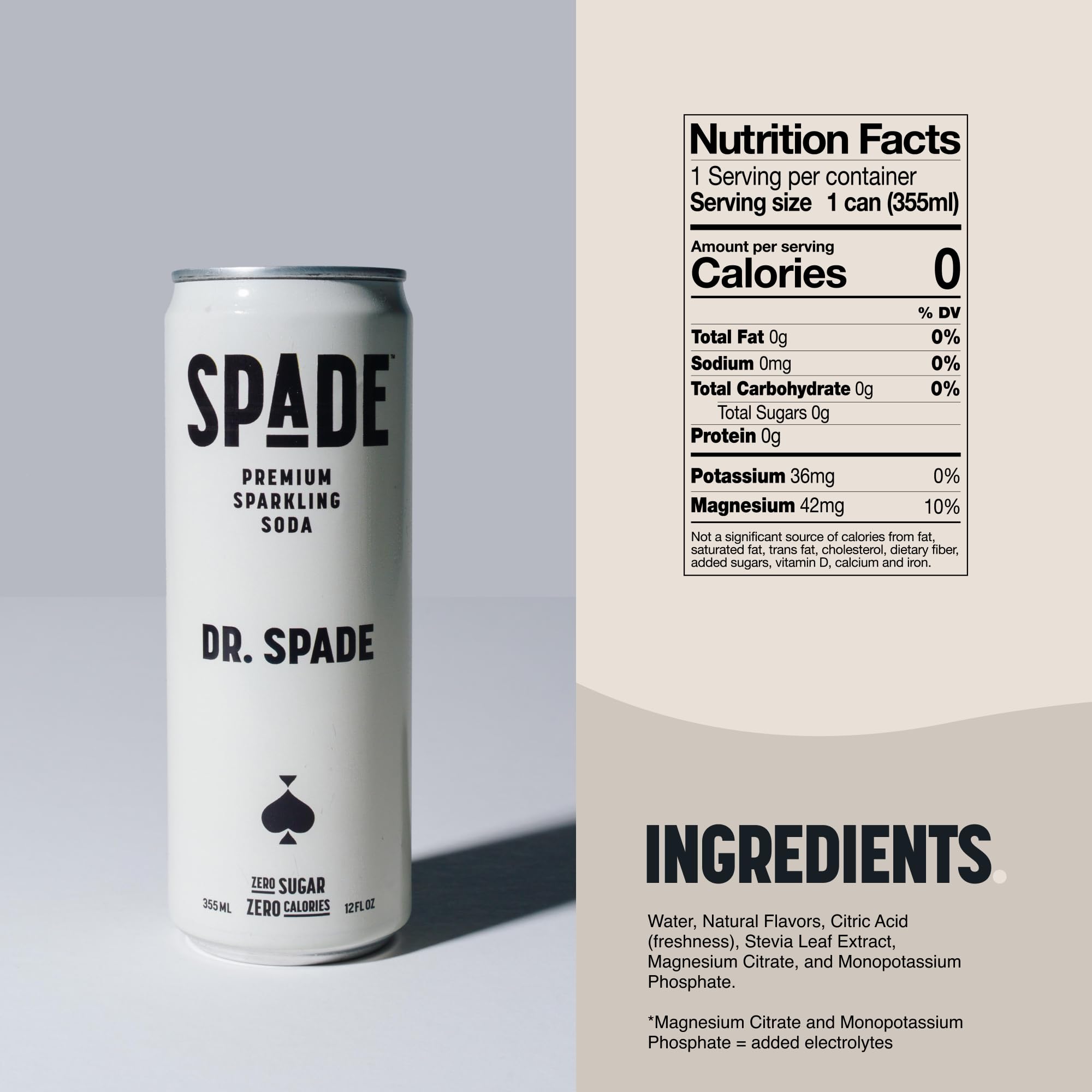 Spade Soda Dr. Spade 12 Pack, Premium All-Natural, No Sugar, No Calories, Electrolytes, Magnesium, Potassium, Healthy Non GMO, Sweet Stevia, No Artificial Sweeteners, Great Taste, Bold Taste