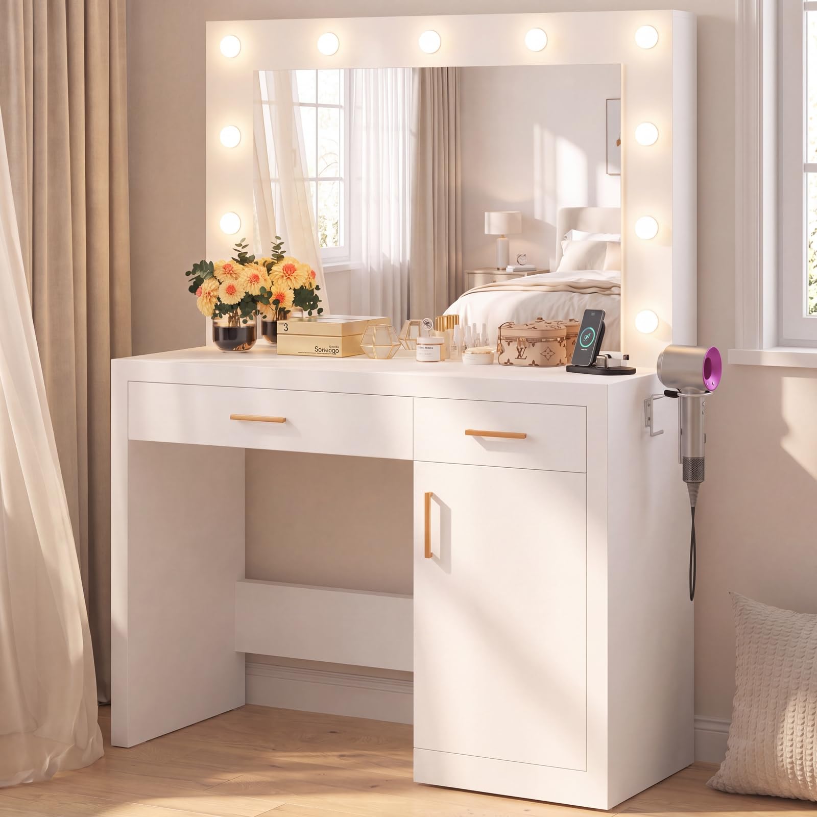 DUMOS Makeup Vanity Desk with Mirror and Lights, Charging Station