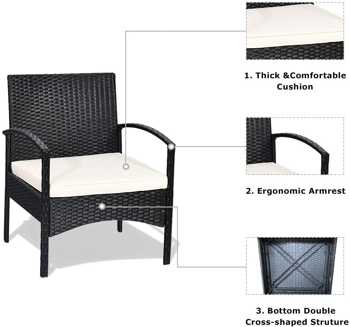 DORTALA 3 PCS Patio Wicker Rattan Furniture Set, Outdoor Rattan Sofa Chair and Glass Coffee Table Set, Bistro Wicker Chair Table Set with Soft Cushion for Patio Garden Lawn Backyard Poolside