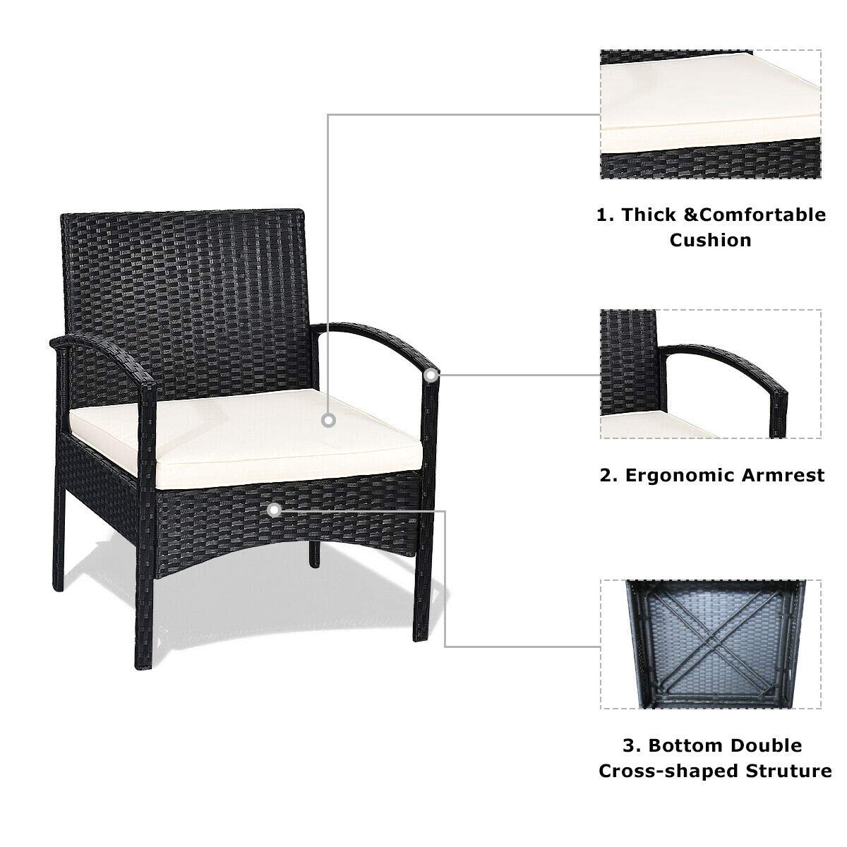 Juego de 3 muebles de mimbre para patio, sofá de ratán al aire libre y mesa de centro de cristal, juego de mesa de mimbre bistró con cojín suave para patio, jardín, césped, patio trasero junto a la piscina 4