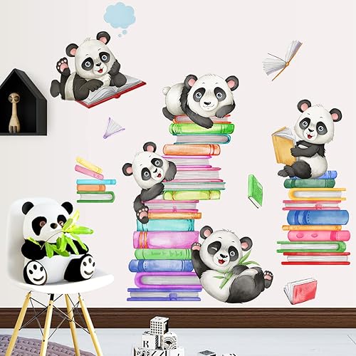 Amaonm - Adhesivo de pared de libro de lectura de panda feliz de dibujos animados, calcomanías educativas para pared, libros de despegar y pegar,