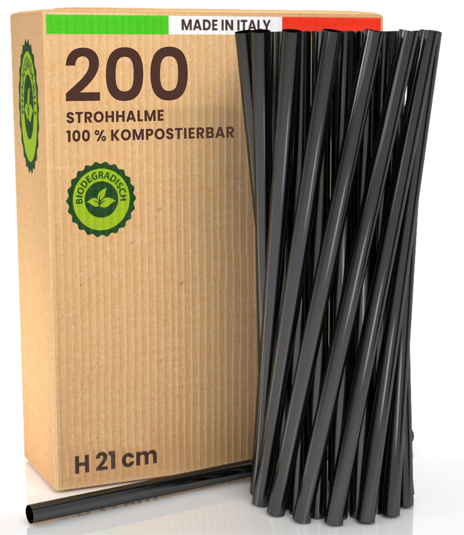 200 starre, ökologische, wiederverwendbare schwarze Trinkhalme, 21 cm x 6 mm, hergestellt in Italien, ideal für Cocktailgetränke und Partys