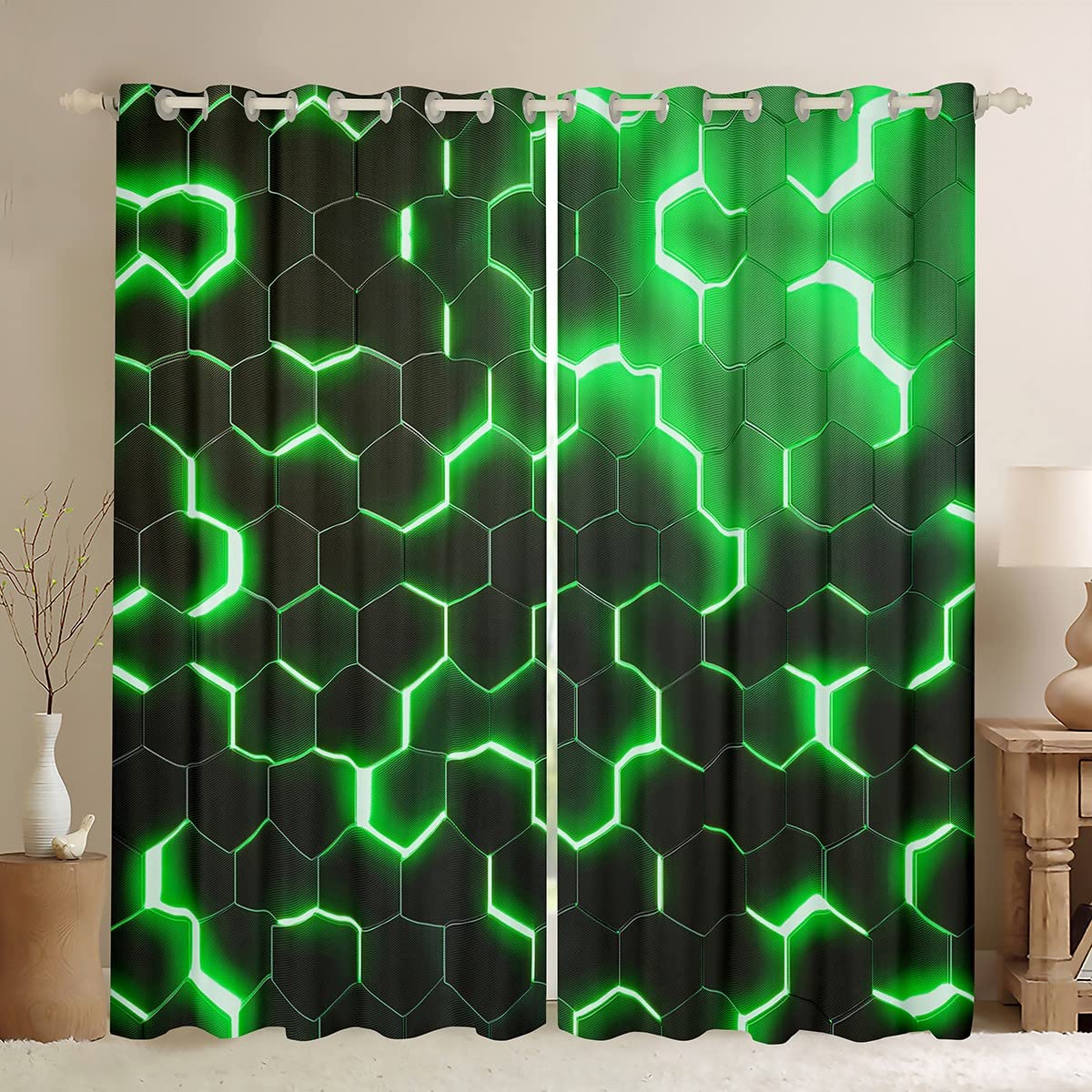 Homemissing Boys Multicolored 13219 3D Honeycomb Curtains For Bedroom Hexagon Window Treatment Glitter Window Drapes Dark Green Window Draperies For Kids Girls Adults W46*L54