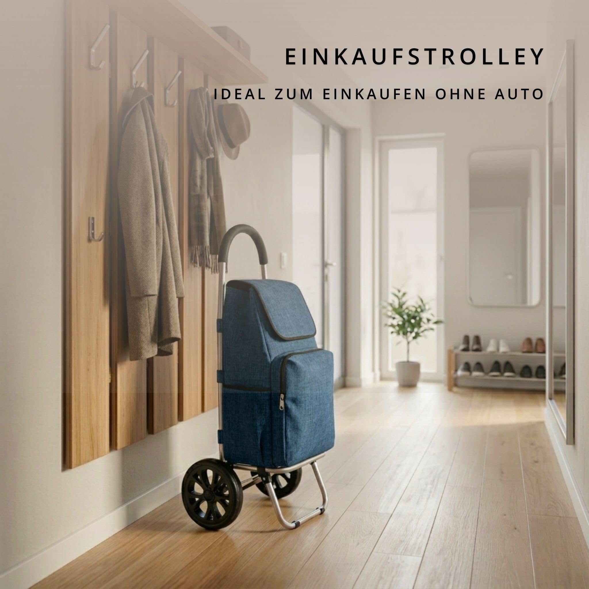 Einkaufstrolley klappbar mit Kühlfach, Einkaufshilfe Aluminium leicht, Einkaufswagen Shopper Trolley rückenschonend, inkl. Regenschirm (Navy Blau)