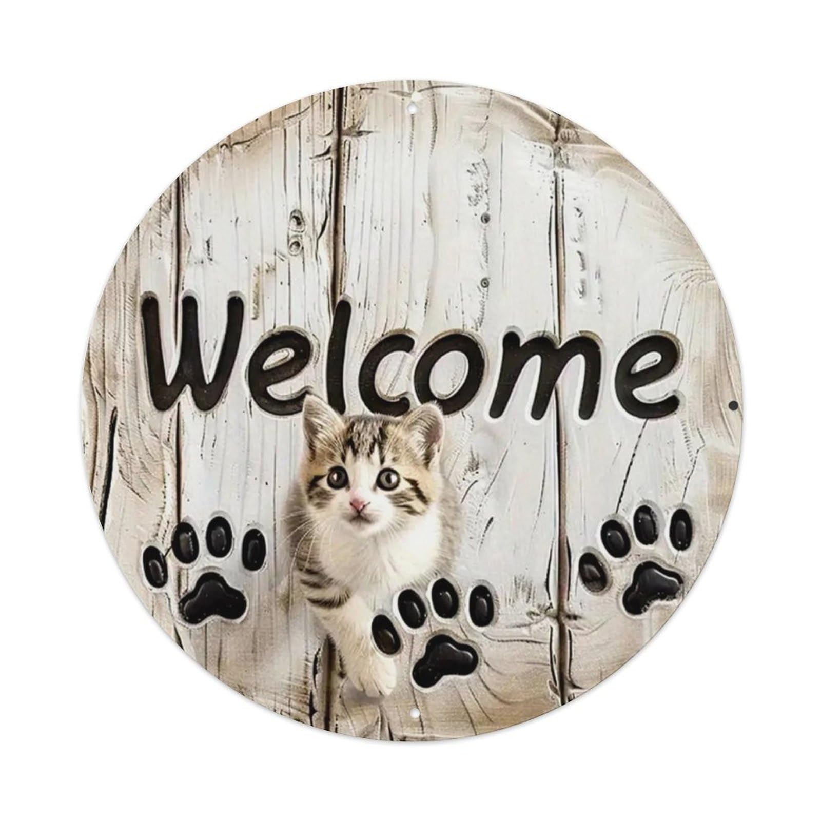 Welcome Cat Paw Prints Wood Vintage Round Tin Sign Retro Metal Wall Decor Metal Poster, Home Bar Garage Cafe Wall Art Decoration 8x8Inches