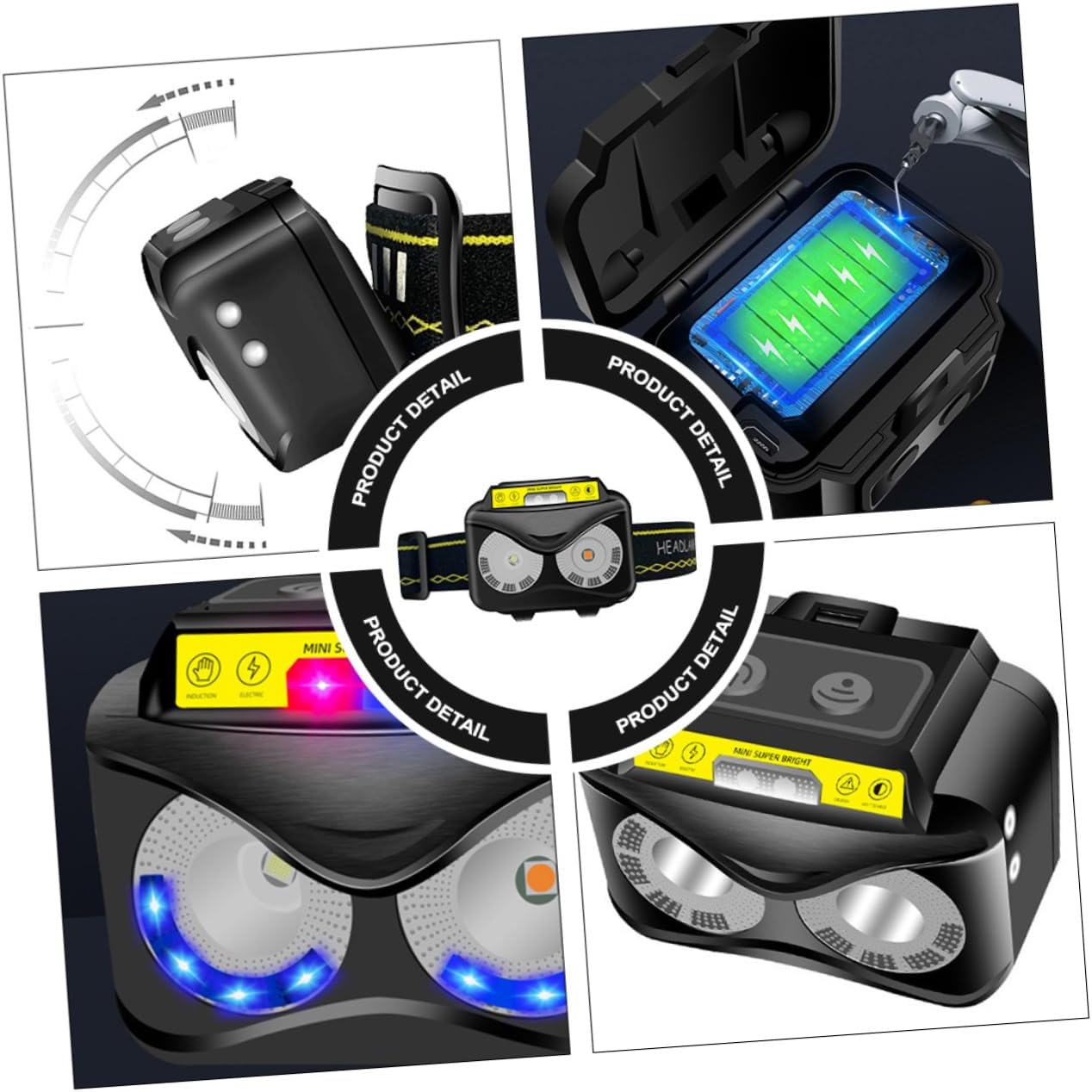 Angoily 2pcs Outdoor Multi-function Led Headlamp Motion Sensor Rechargeable for Fishing Hiking Camping and Night Running Tilt for Focused Light