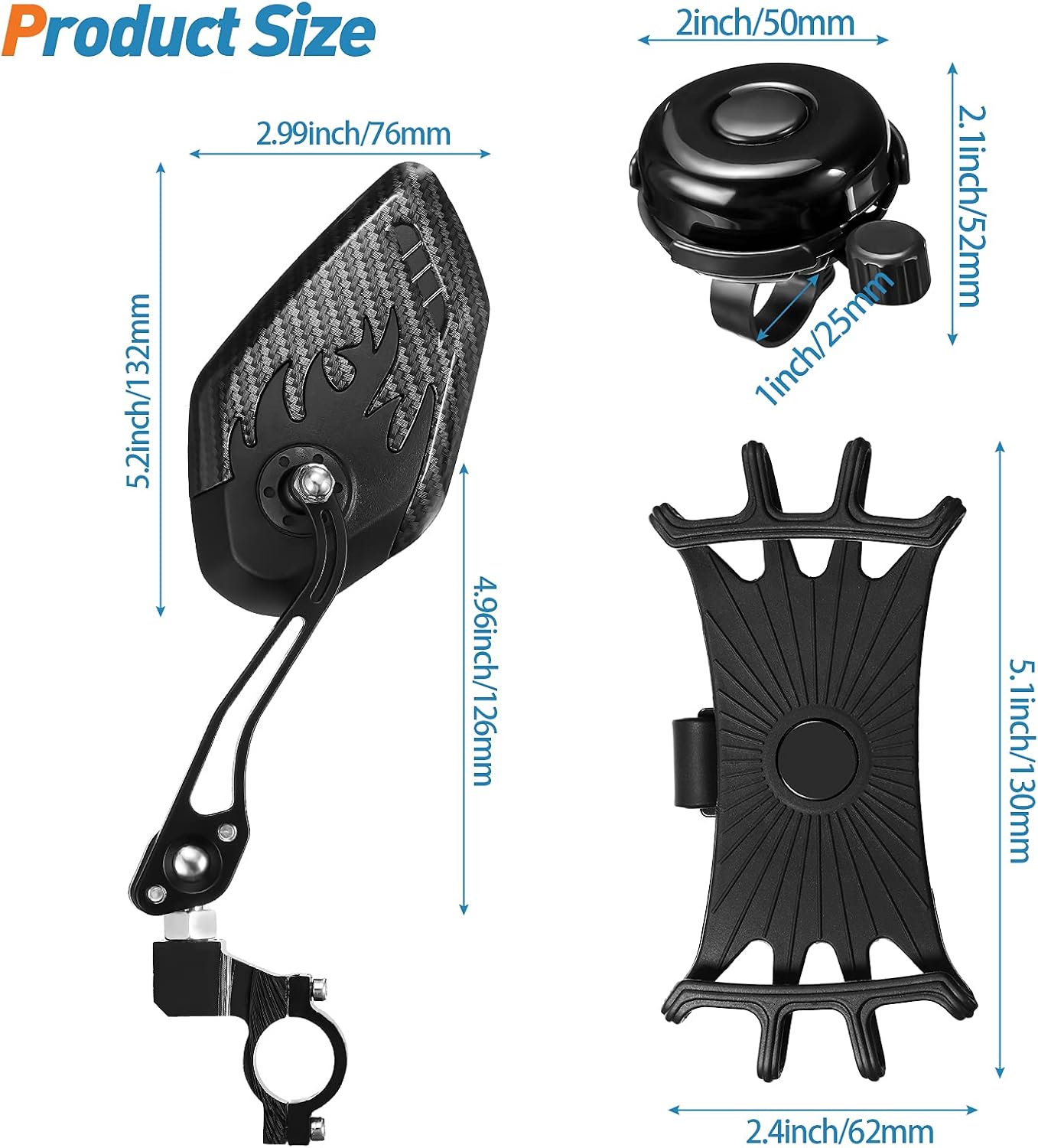 4 Pcs Bike Accessories Set – Adjustable Rear View Bike Mirror, 360° Phone Holder, Loud Bicycle Bell, Handlebar Mount Cycling Kit for Mountain Road Bikes