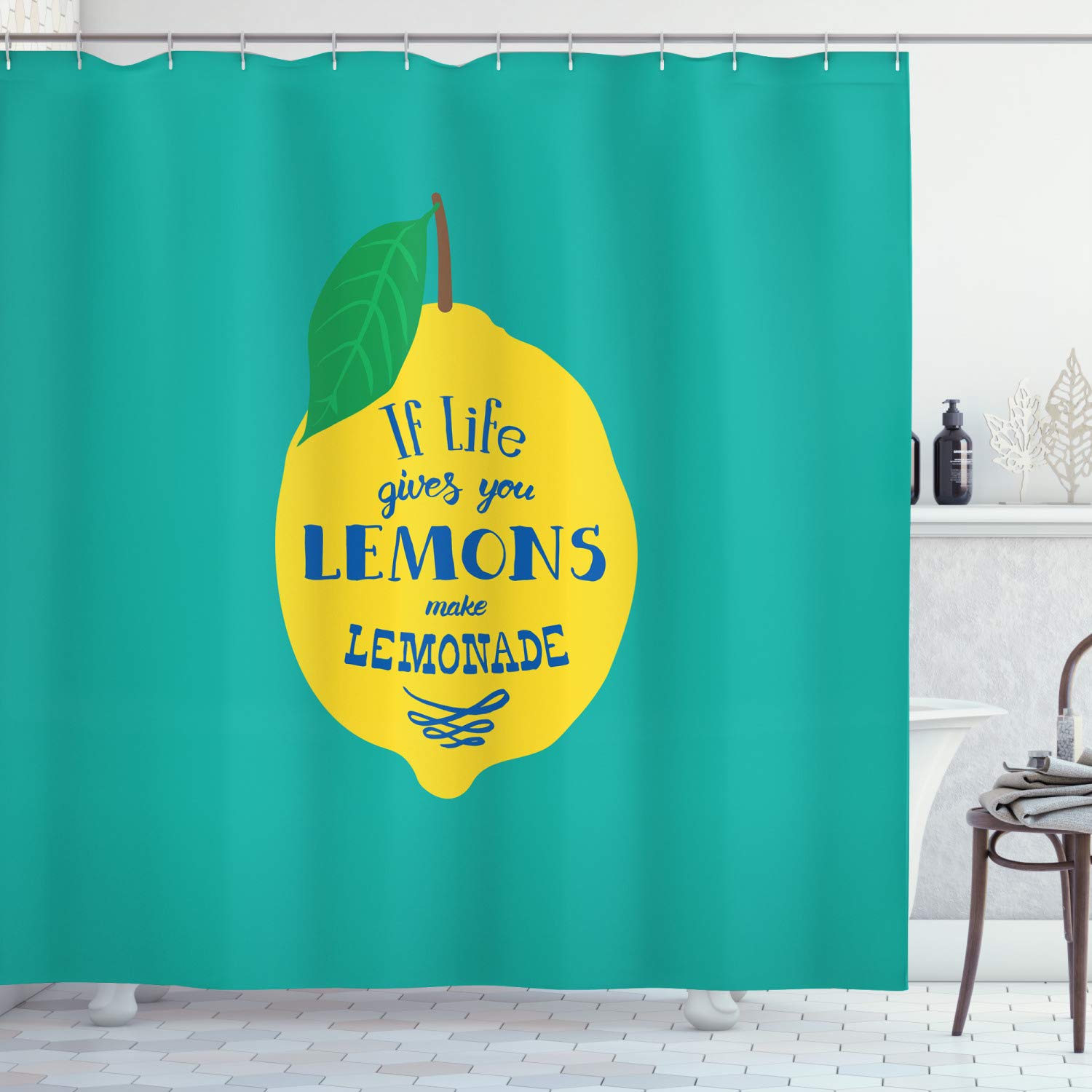 ABAKUHAUS Motivational Shower Curtain, Brush Script Calligraphy and Lemon Optimistic Approach to Life, Cloth Fabric Bathroom Decor Set with Hooks, 94 Inches, Turquoise Navy Blue — image 1