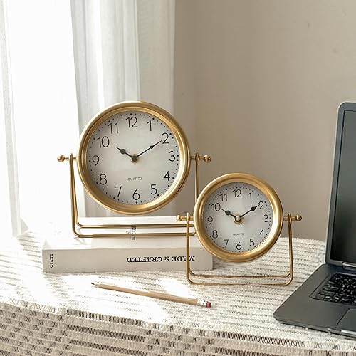 Miniatura 5 de Reloj de escritorio y estante dorado pequeño, 6.9 x 5.9 pulgadas, retro, elegante, reloj de mesa con cubierta de vidrio, silencioso sin tictac,
