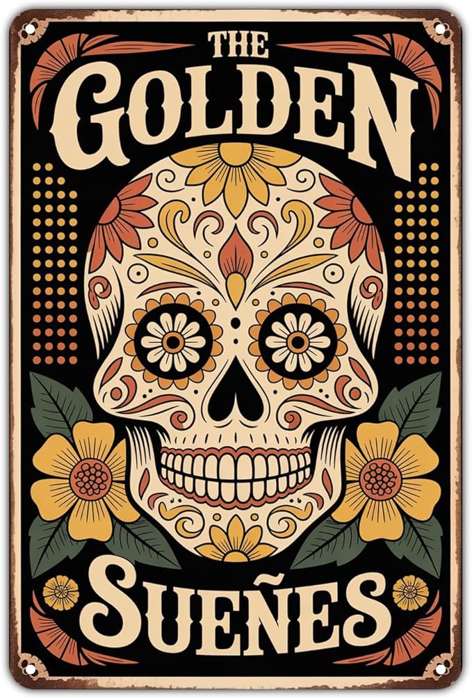 Sugar Skull Golden Suenos tin sign Vintage Day of the Dead Metal Sign Print Aesthetic for Garden Yard Bar Porch Home Bedroom Kitchen Wall Decor Decor Gift 8 x 12 inch