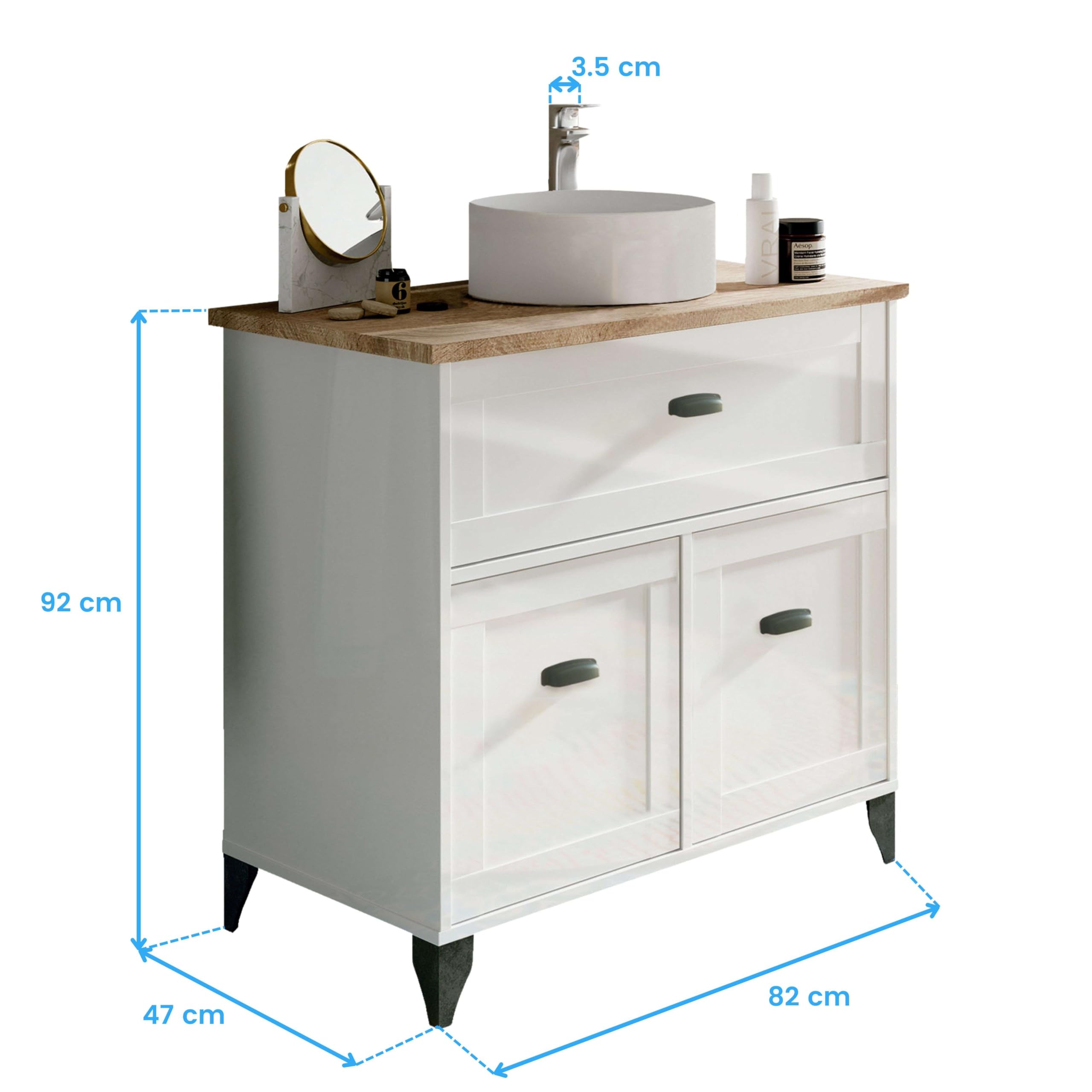 MUEBLES PITARCH | Mueble de Baño 80cm con Lavabo cerámico Incluido, con Patas, Cajón guías Cierre Suave, 2 Puertas, Blanco y Roble Cambrian, Estilo Vintage Modelo Toscana