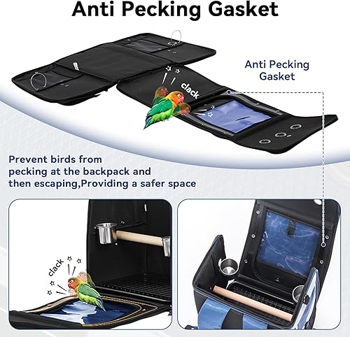 Vista 18 de Petsfit Transportador de pájaros de tamaño mediano con cuenco de acero inoxidable, mochila de loro incluye bandeja deslizante para una fácil Azul