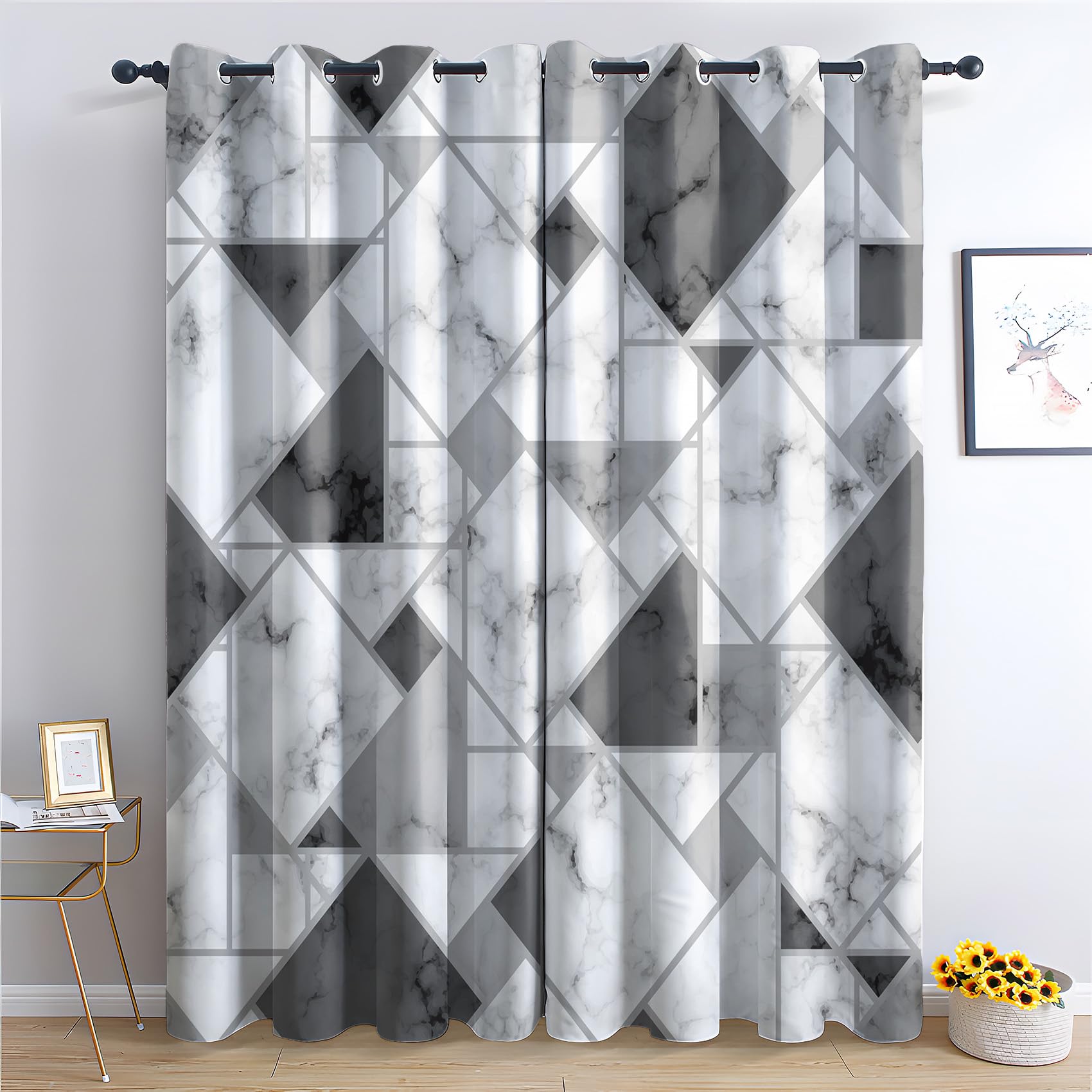 Rideau Occultant Marbre, Rideaux Thermiques à Oeillets pour Chambre, Motif Noir Blanc Et Gris Rideaux Salon, Moderne Lot de 2 Décoration de Fenêtre Rideaux 140x260cm LxH (GR-&223)