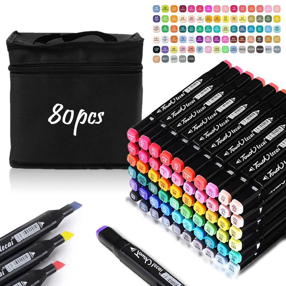 Graphic Marker Pens, 80 Colors Drawing Art Markers Artist Dual Tips Permanent for Kids Colouring Books Adults with Black Bag