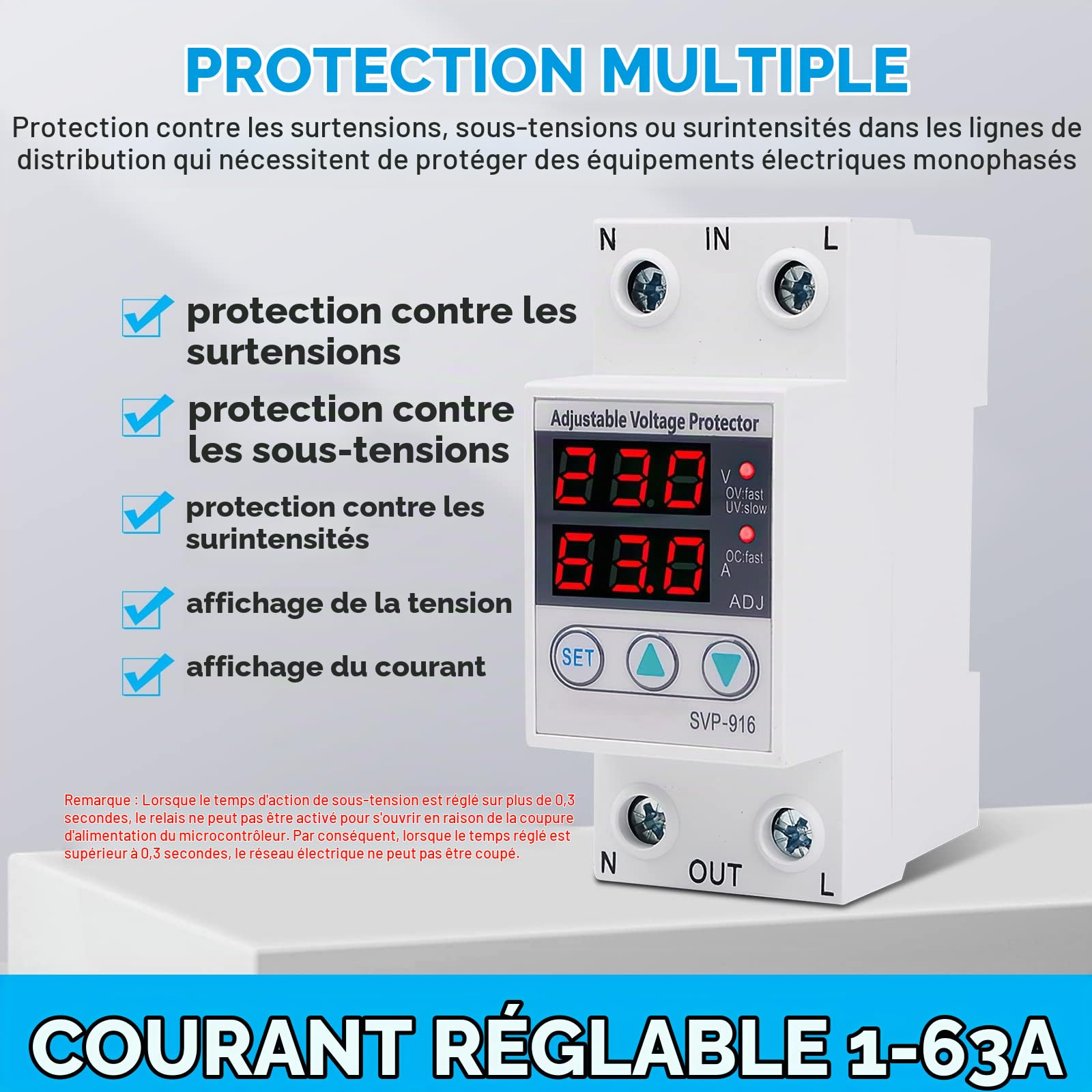 Protecteur de Courant de Tension,Protecteur de Tension Intelligent monophasé,Protecteur de Courant de sous Tension de surtension réglable monophasé Intelligent 230V AC,Installation sur Rail DIN(40A)