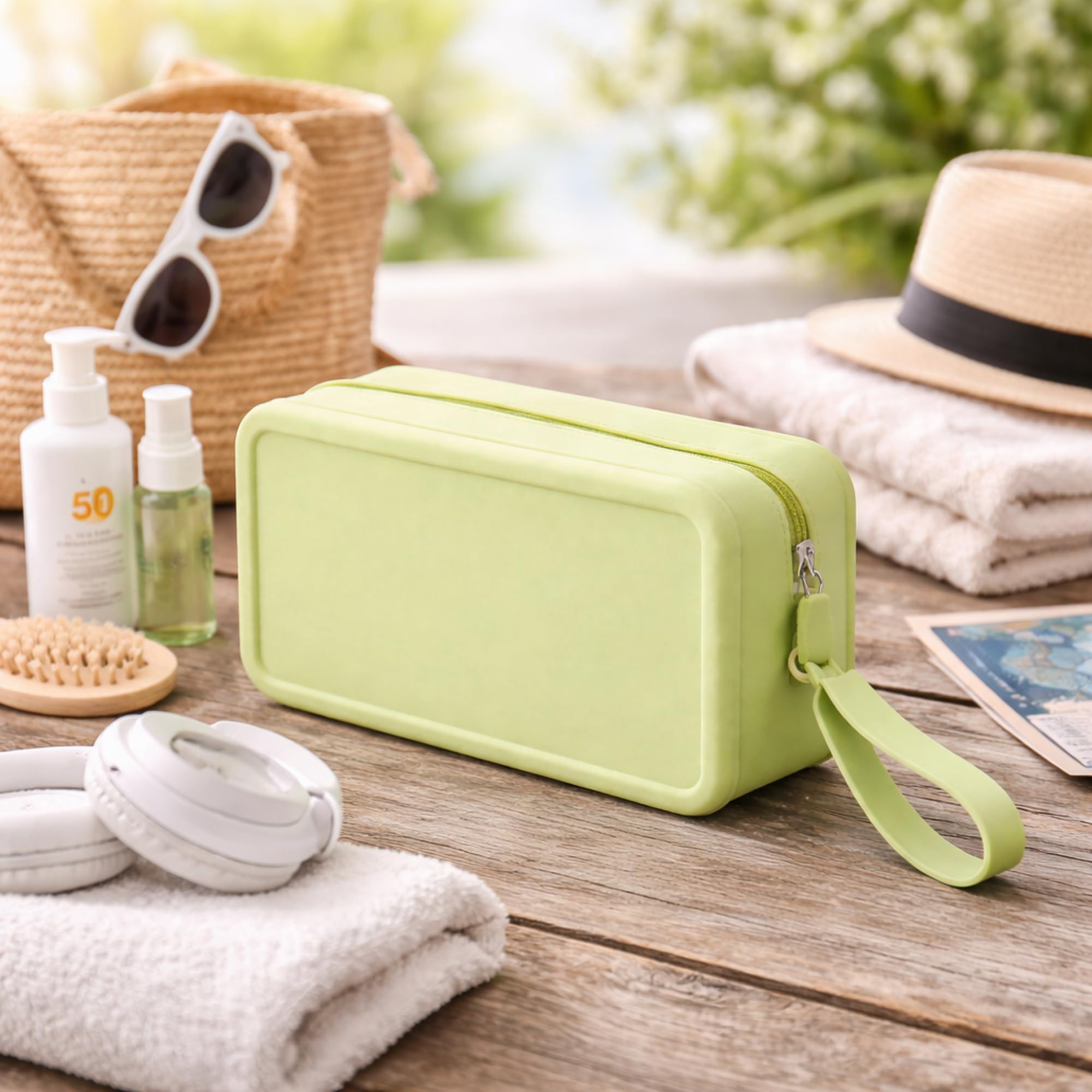 Neceser de Viaje, Gimnasio, Playa de Silicona Impermeable Antifugas – Bolsa para Líquidos de Cabina (Avión) – Flexible y Resistente para Cosméticos y Aseo 9.3x7x18.3cm (Verde)